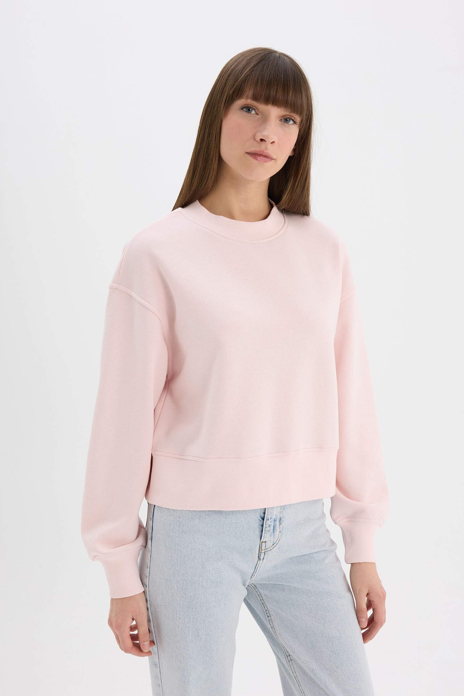 Boxy Fit Bisiklet Yaka Basic Düz Kalın Sweatshirt