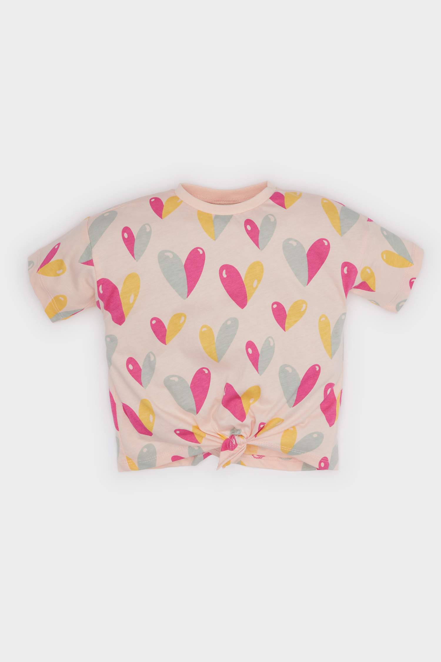 Kız Bebek Bisiklet Yaka Kalp Desenli Kısa Kollu Tişört