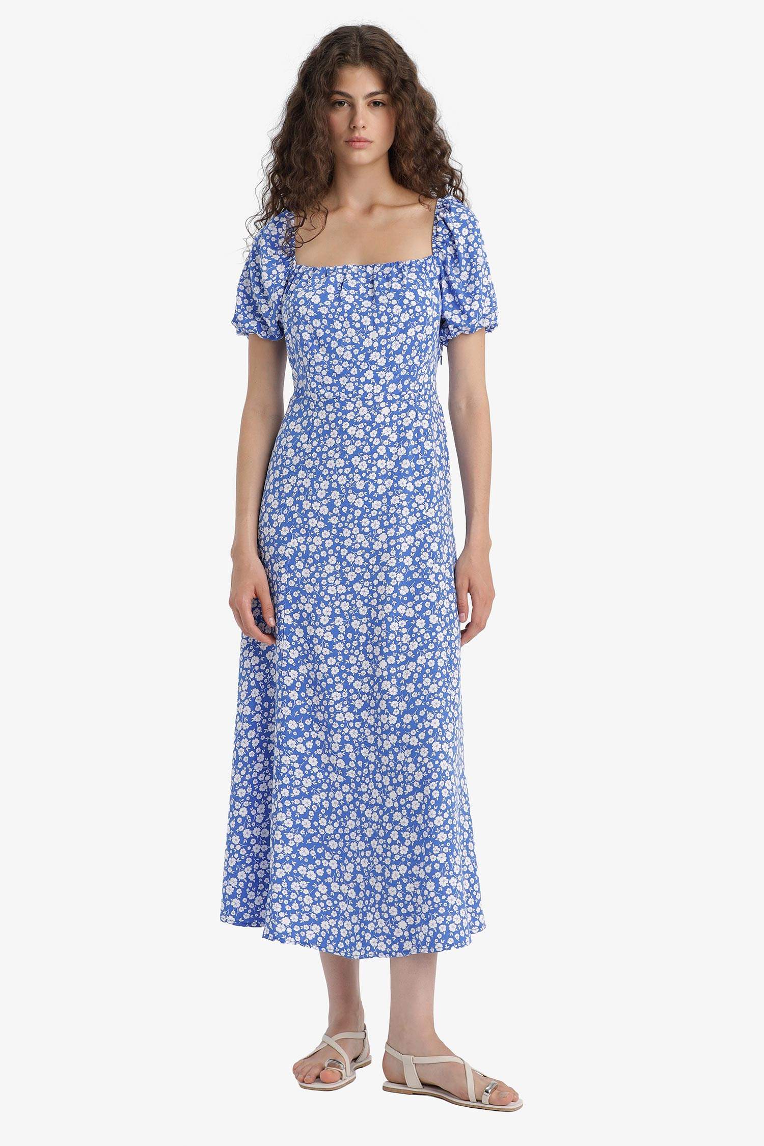 Square Collar Floral Midi Dress