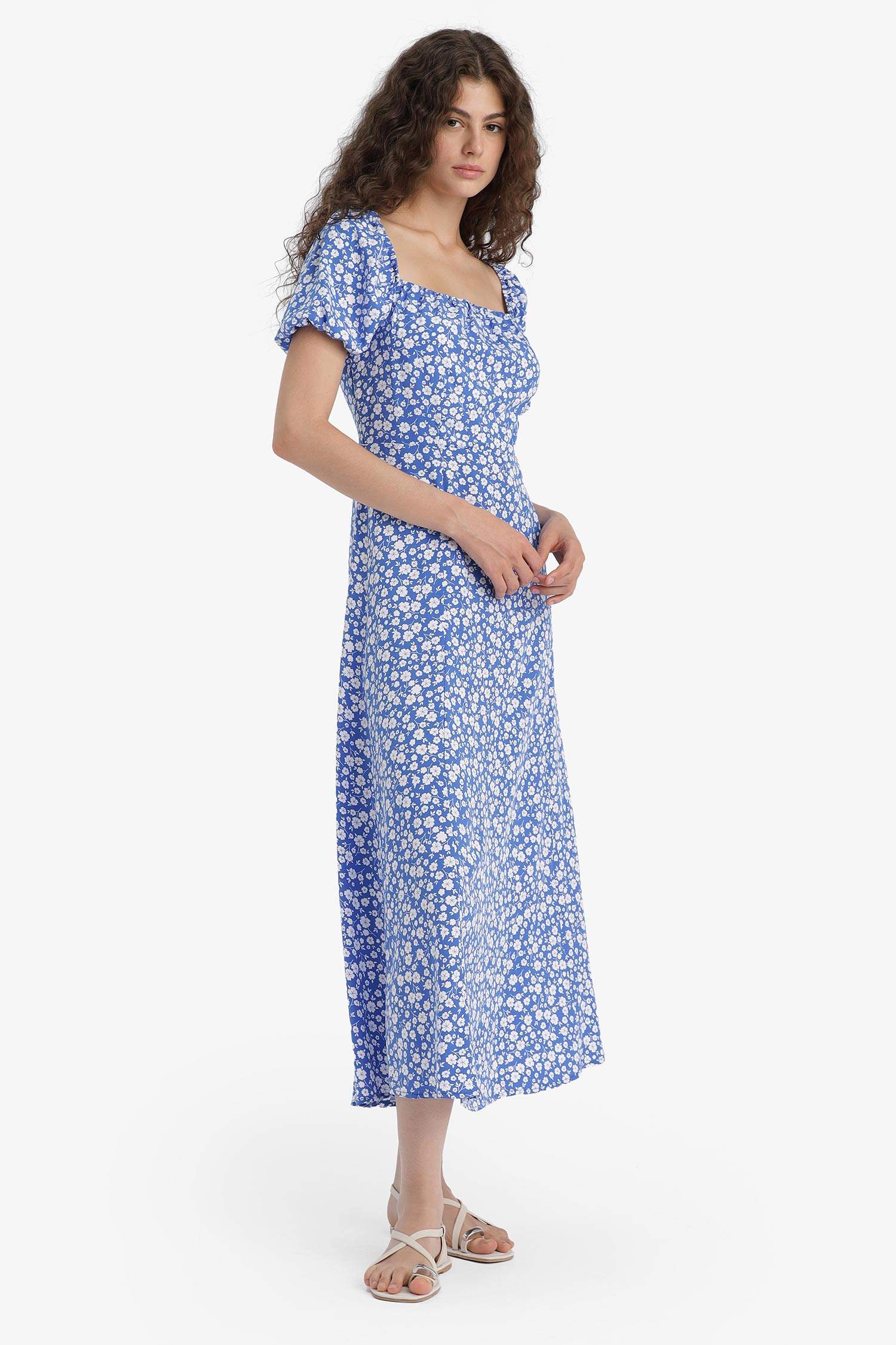 Square Collar Floral Midi Dress