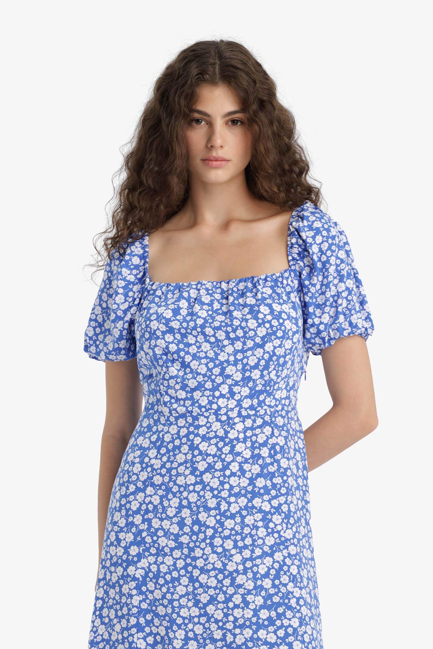 Square Collar Floral Midi Dress