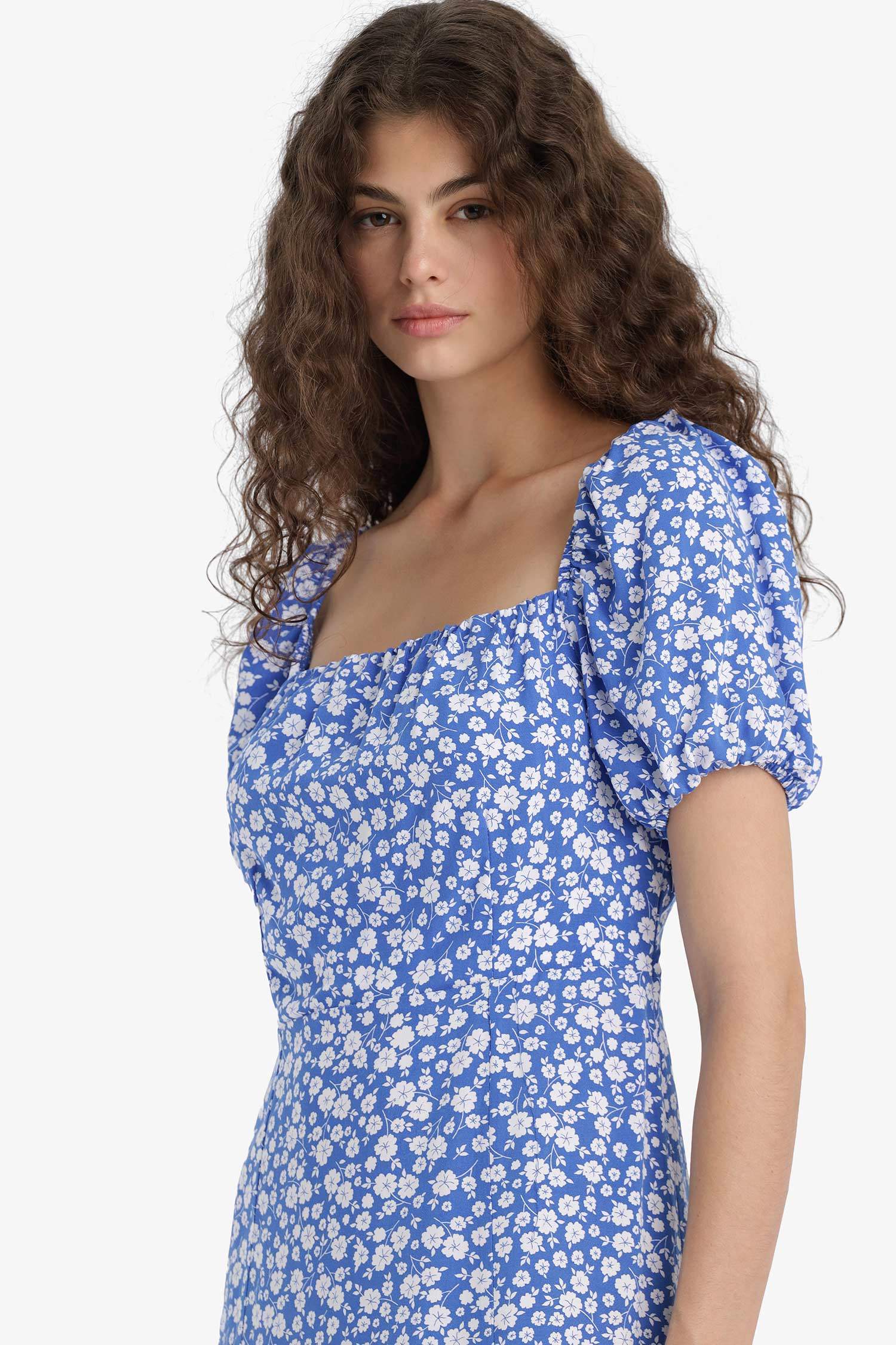 Square Collar Floral Midi Dress