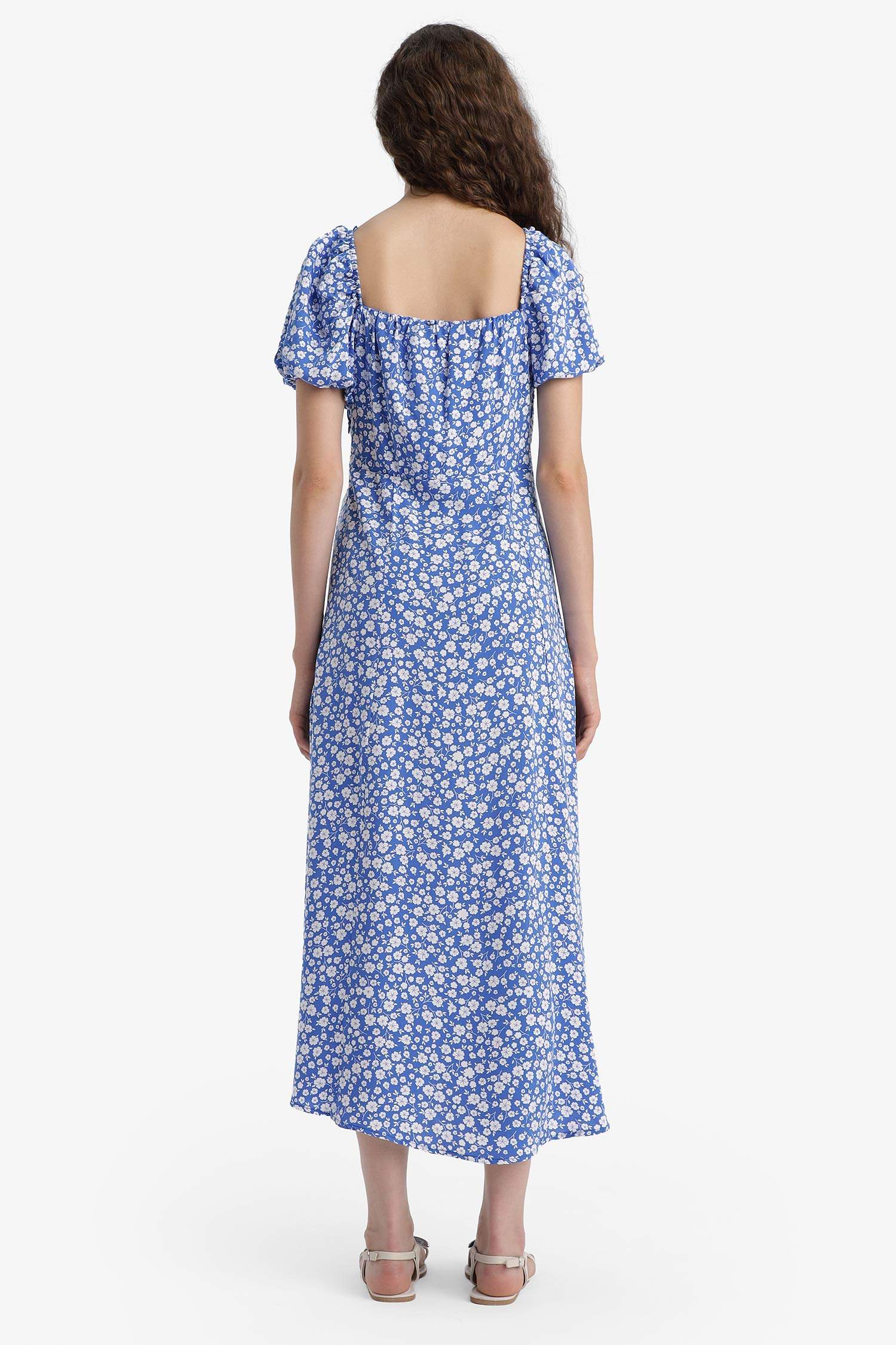 Square Collar Floral Midi Dress