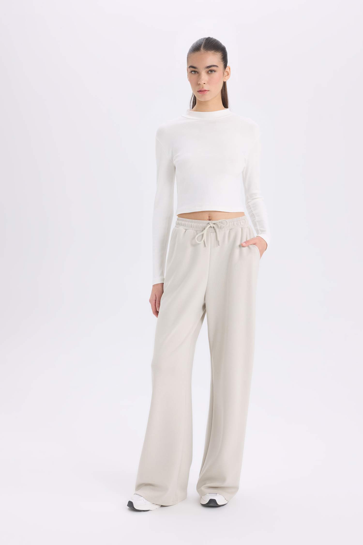 Pocketed Scuba Fabric Tied Waist Wide Leg Sweatpants