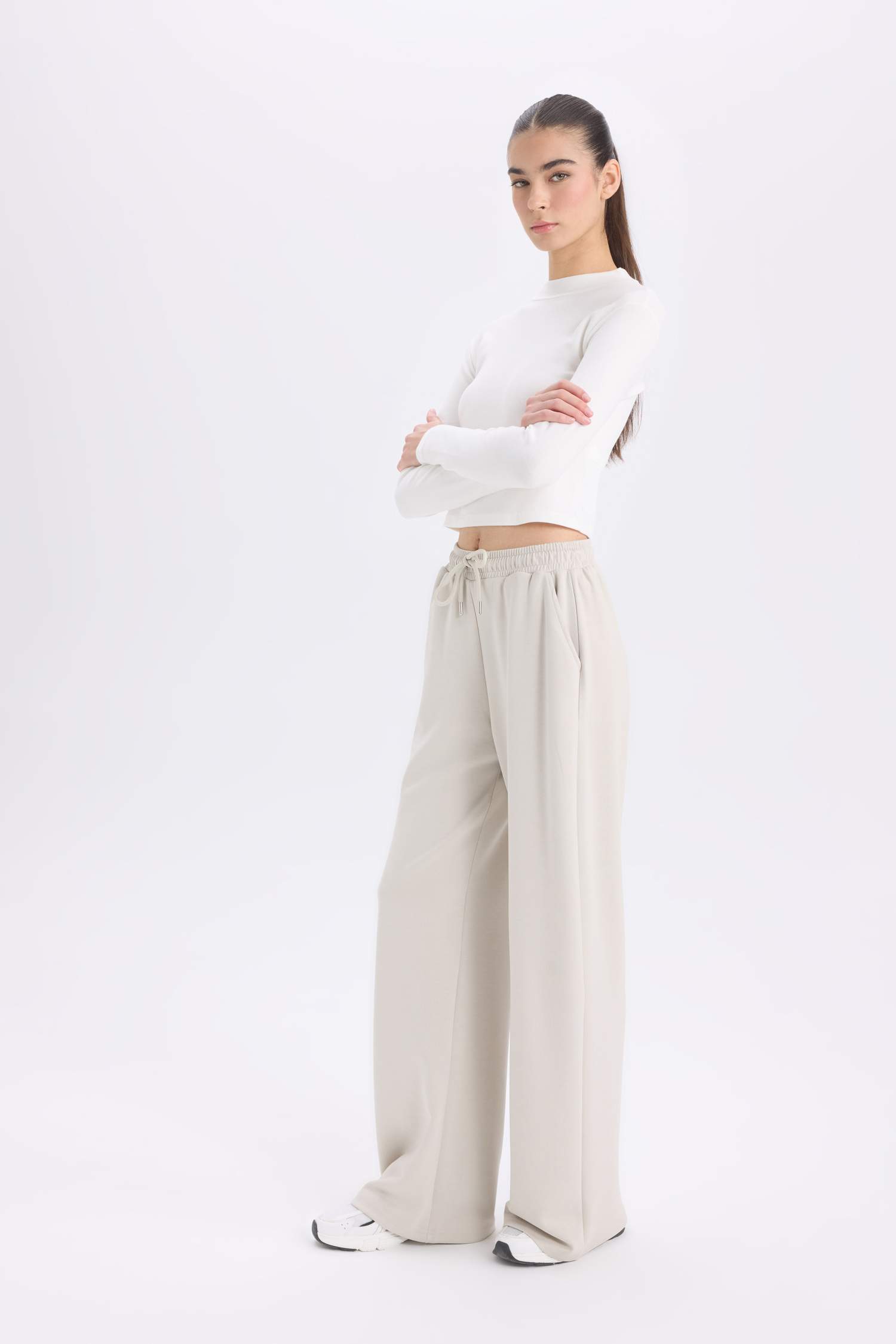 Pocketed Scuba Fabric Tied Waist Wide Leg Sweatpants
