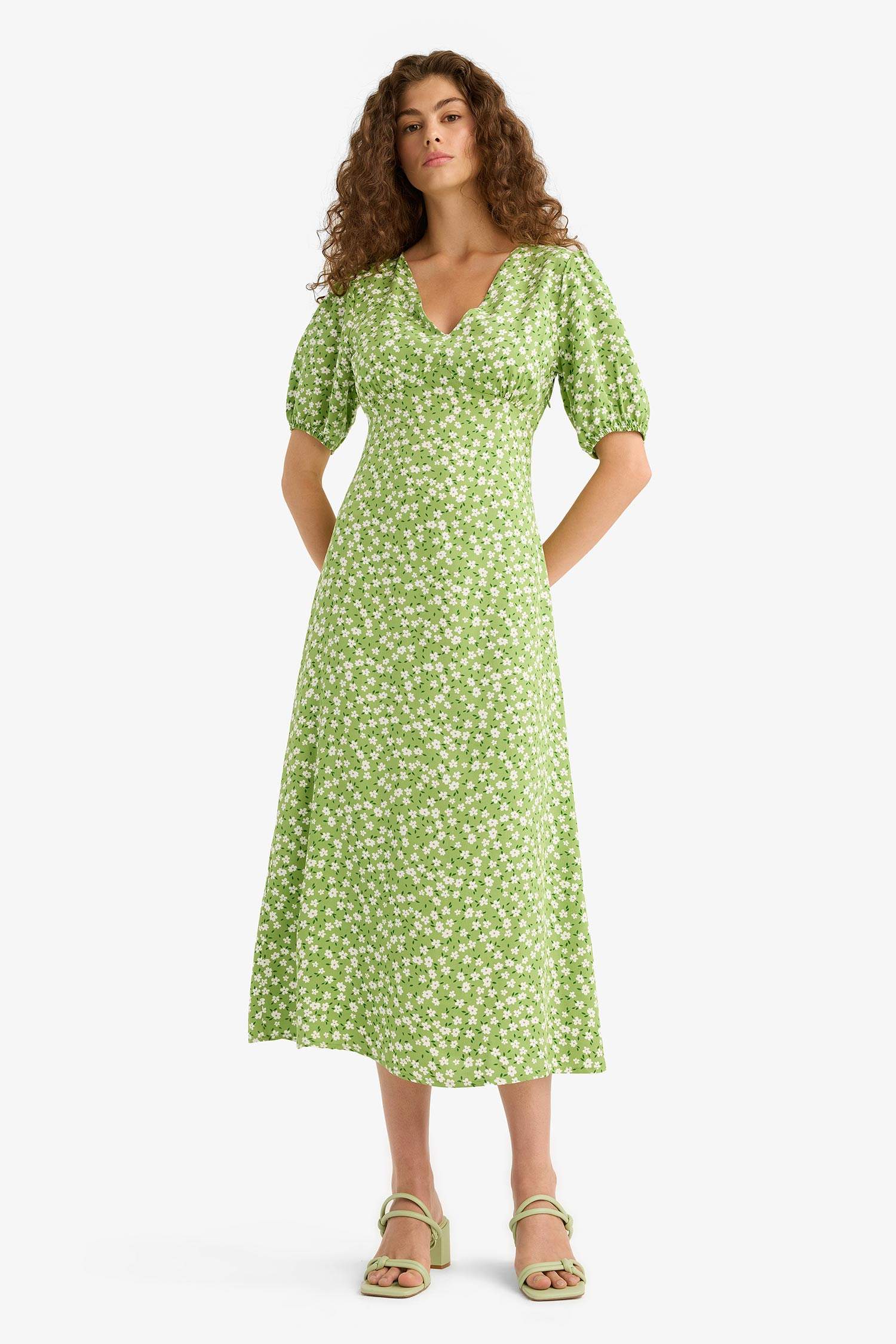 V-Neck Floral Short Sleeve Midi Dress