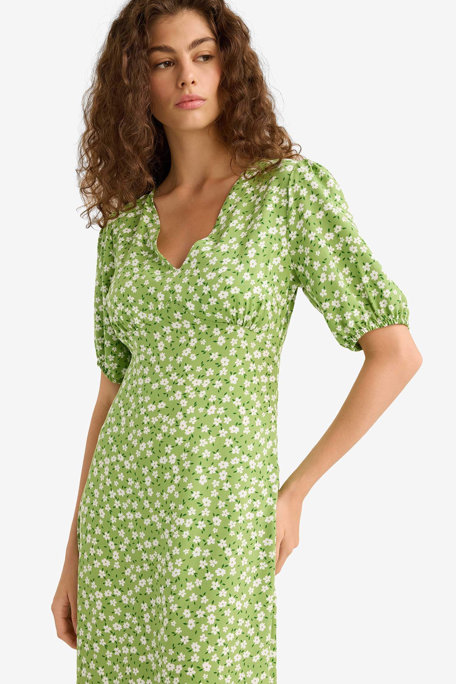 V-Neck Floral Short Sleeve Midi Dress