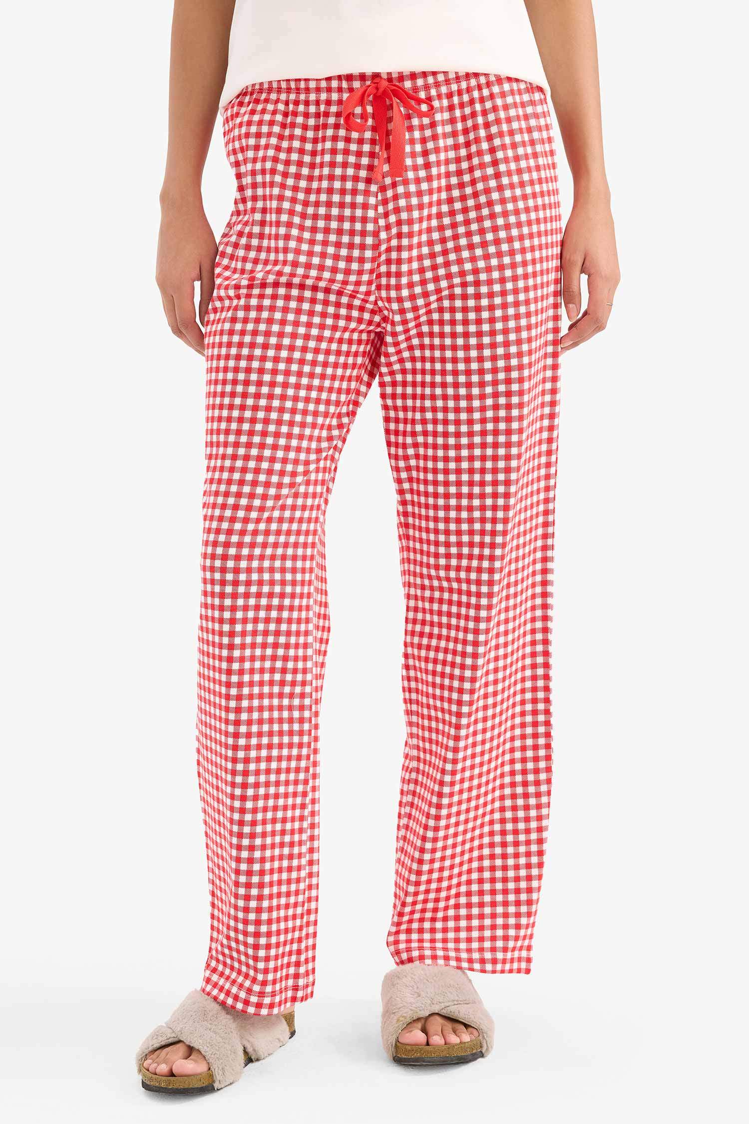 Pijama Takımı Kısa Kollu Üst Beli Lastikli Kareli Uzun Alt-Fall in Love