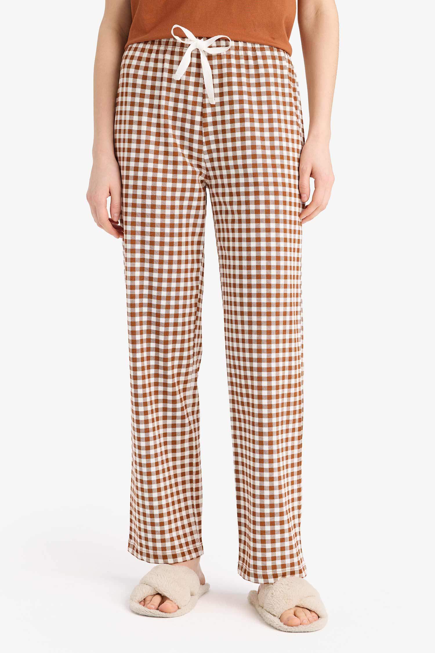 Pijama Takımı Kısa Kollu Üst Beli Lastikli Uzun Kareli Alt