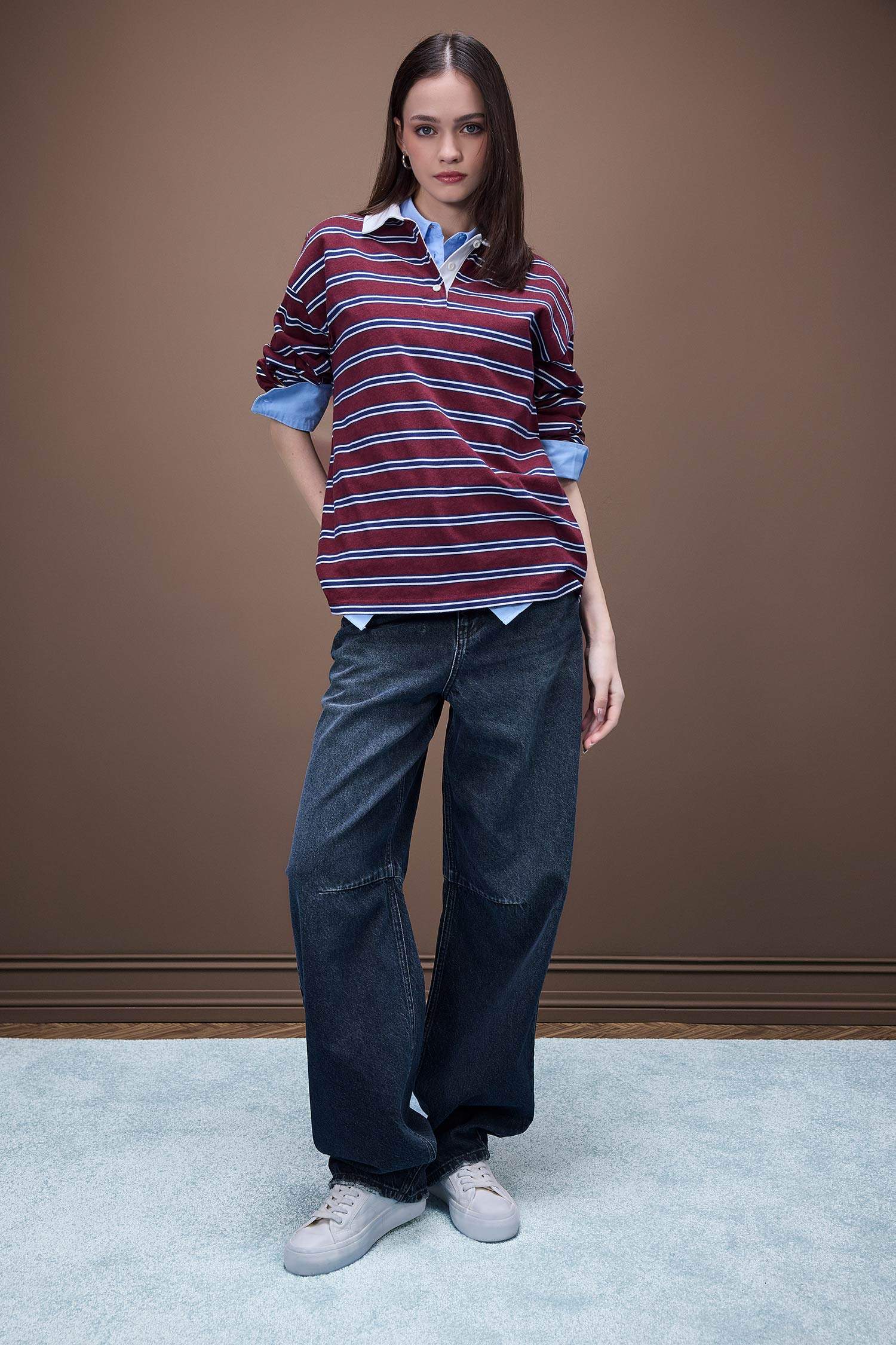 Coool Loose Fit Çizgili Polo Yaka Uzun Kollu Tişört