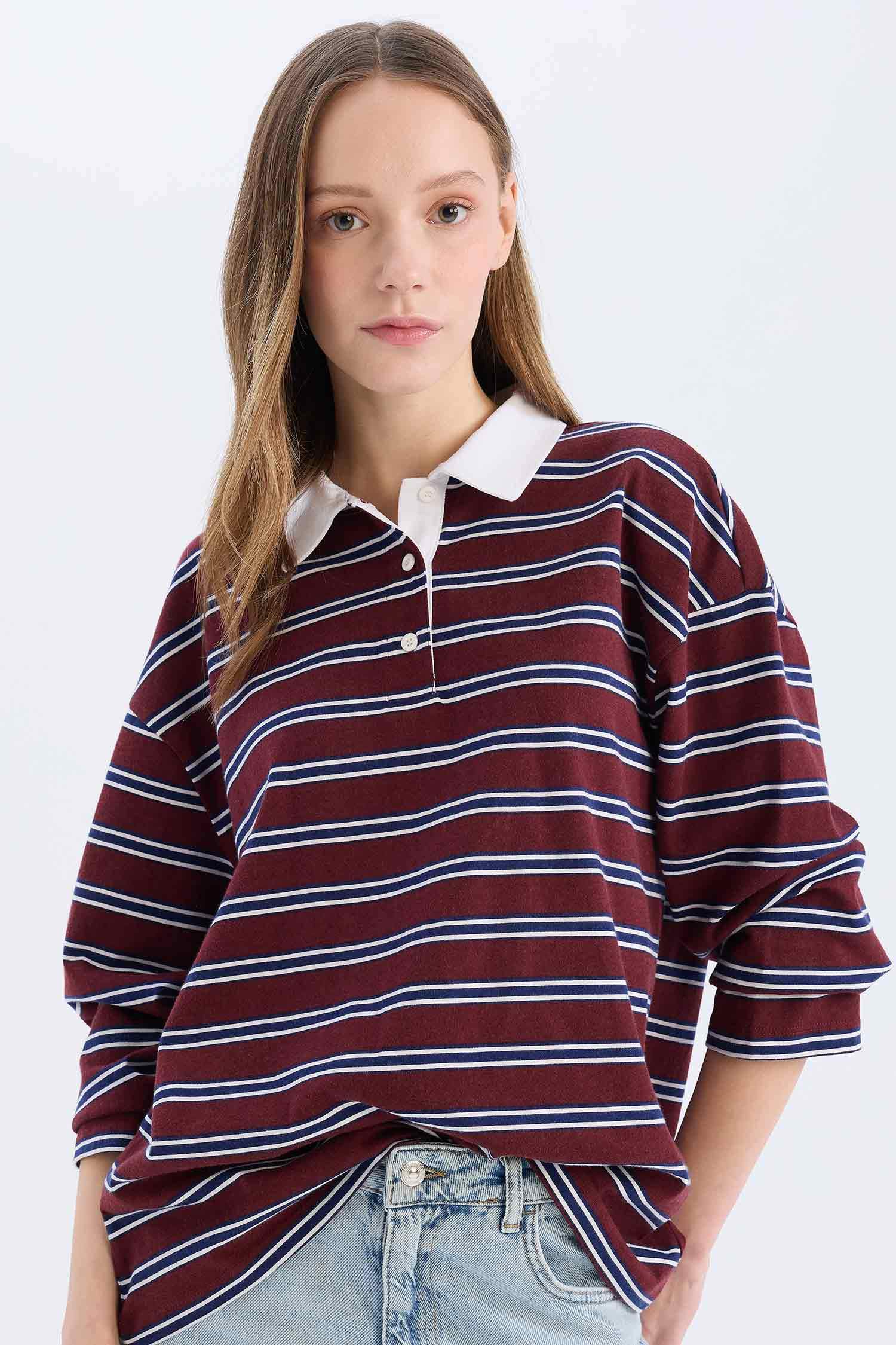 Coool Loose Fit Çizgili Polo Yaka Uzun Kollu Tişört