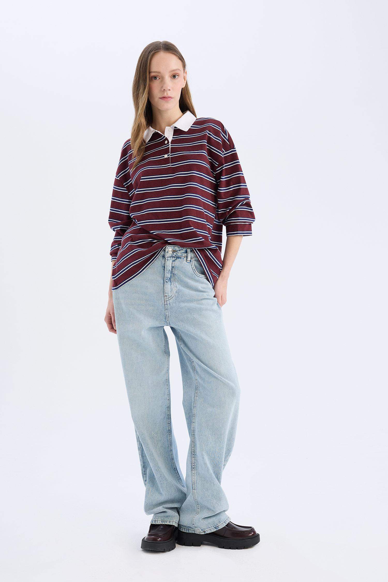 Coool Loose Fit Çizgili Polo Yaka Uzun Kollu Tişört