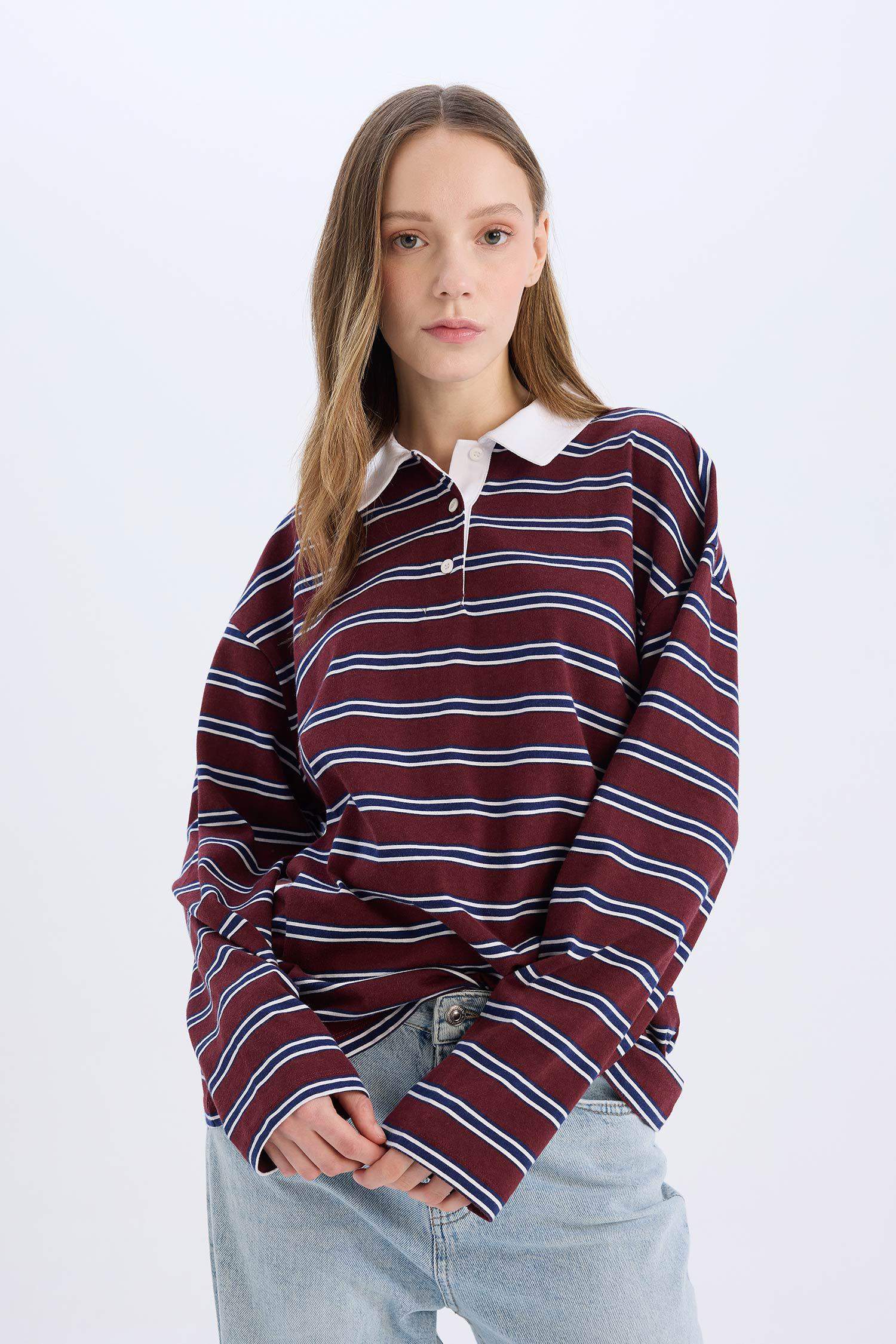 Coool Loose Fit Çizgili Polo Yaka Uzun Kollu Tişört