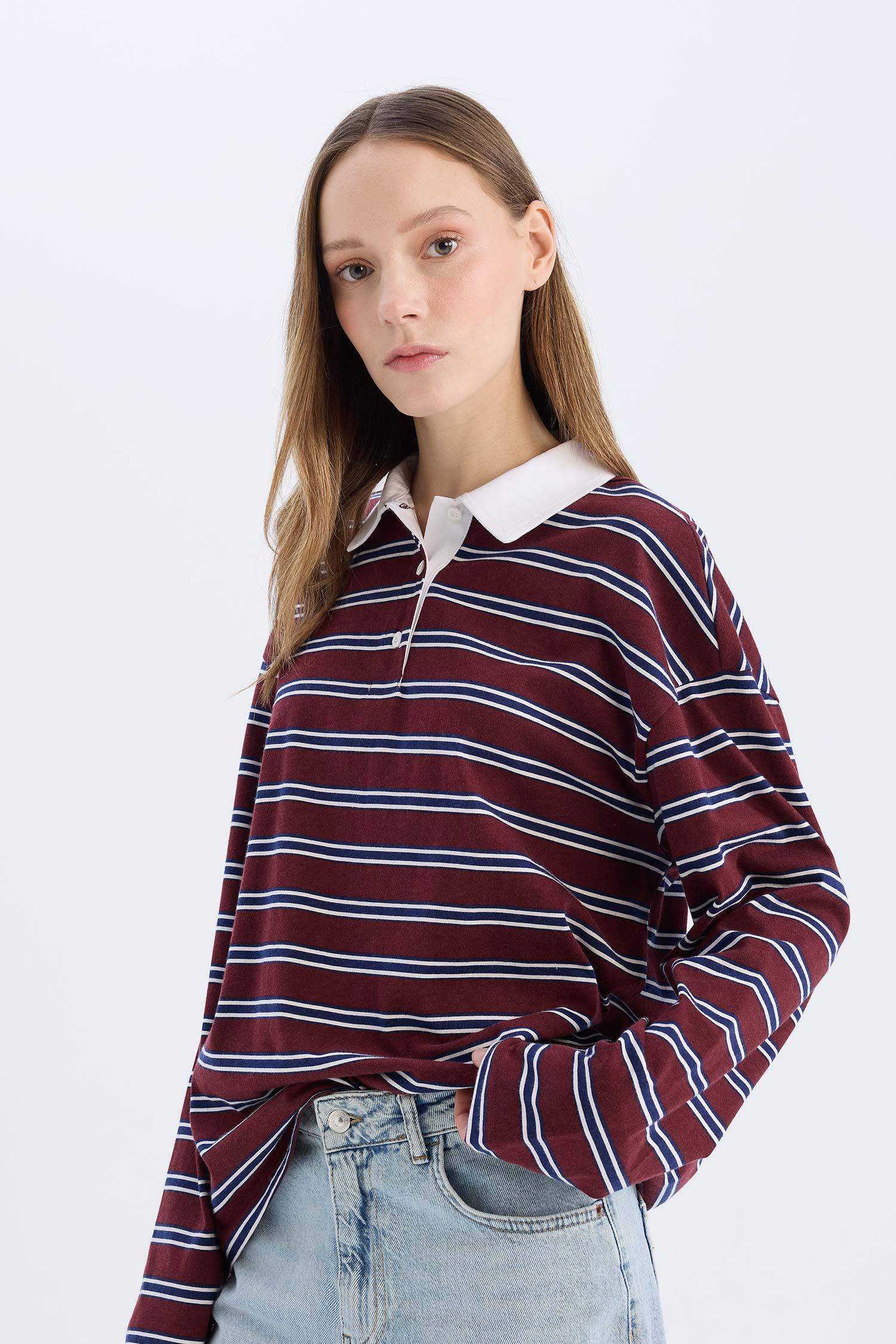 Coool Loose Fit Çizgili Polo Yaka Uzun Kollu Tişört