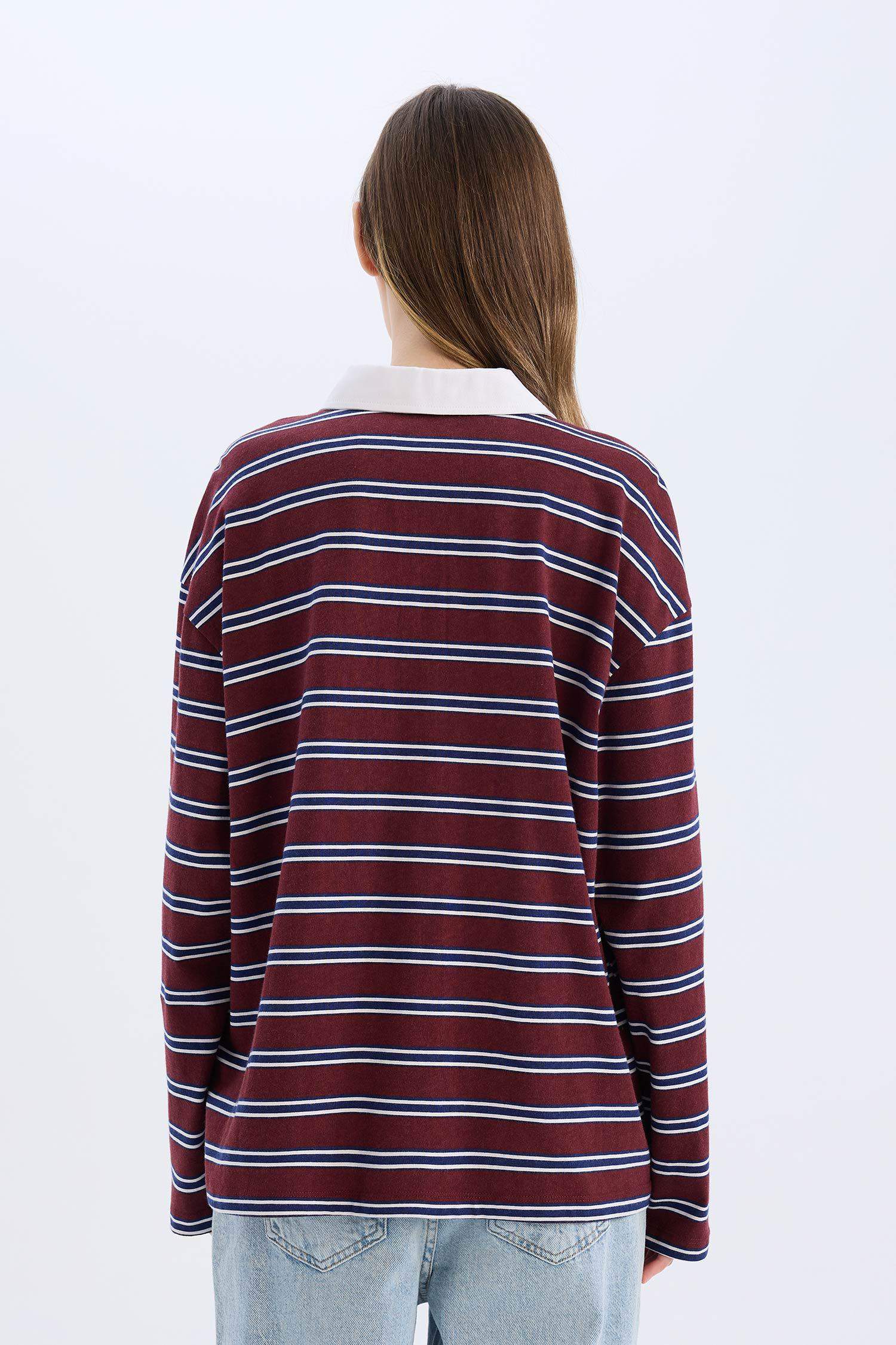 Coool Loose Fit Çizgili Polo Yaka Uzun Kollu Tişört