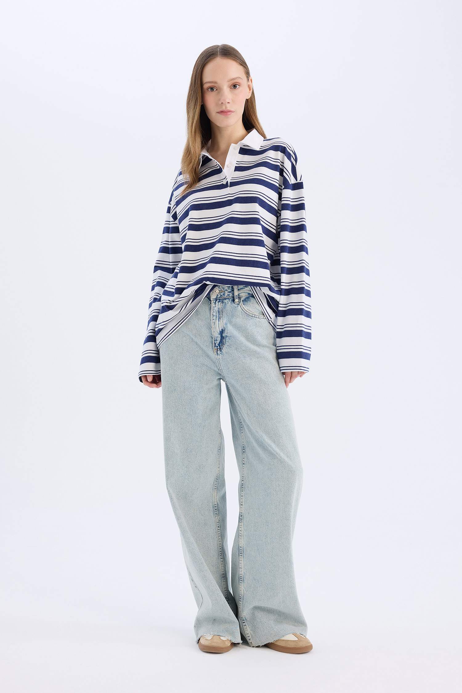 Loose Fit Polo Yaka Çizgili Uzun Kollu Tişört