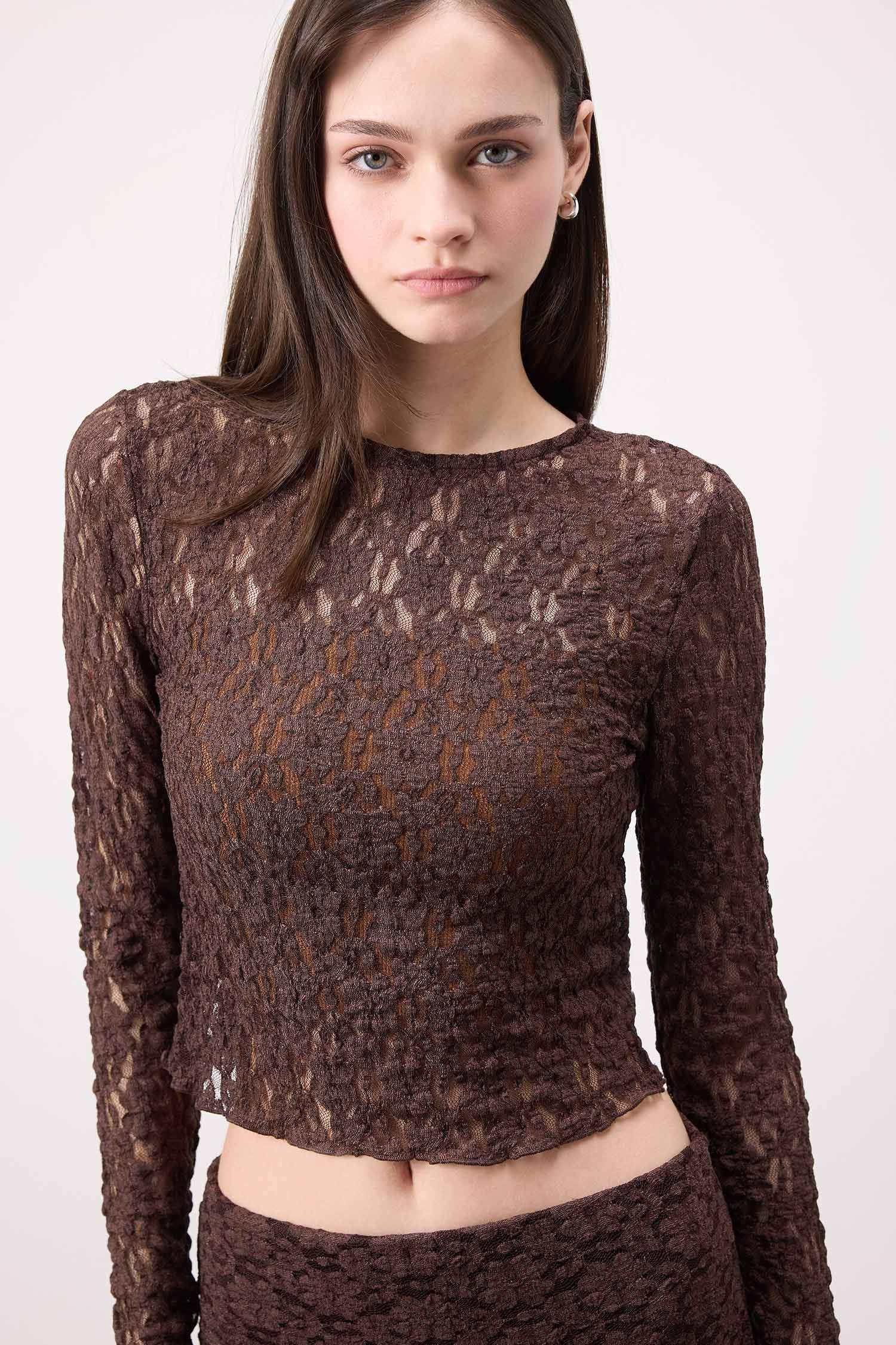 Fitted Dar Kesim Bisiklet Yaka Dantel Uzun Kollu Bluz