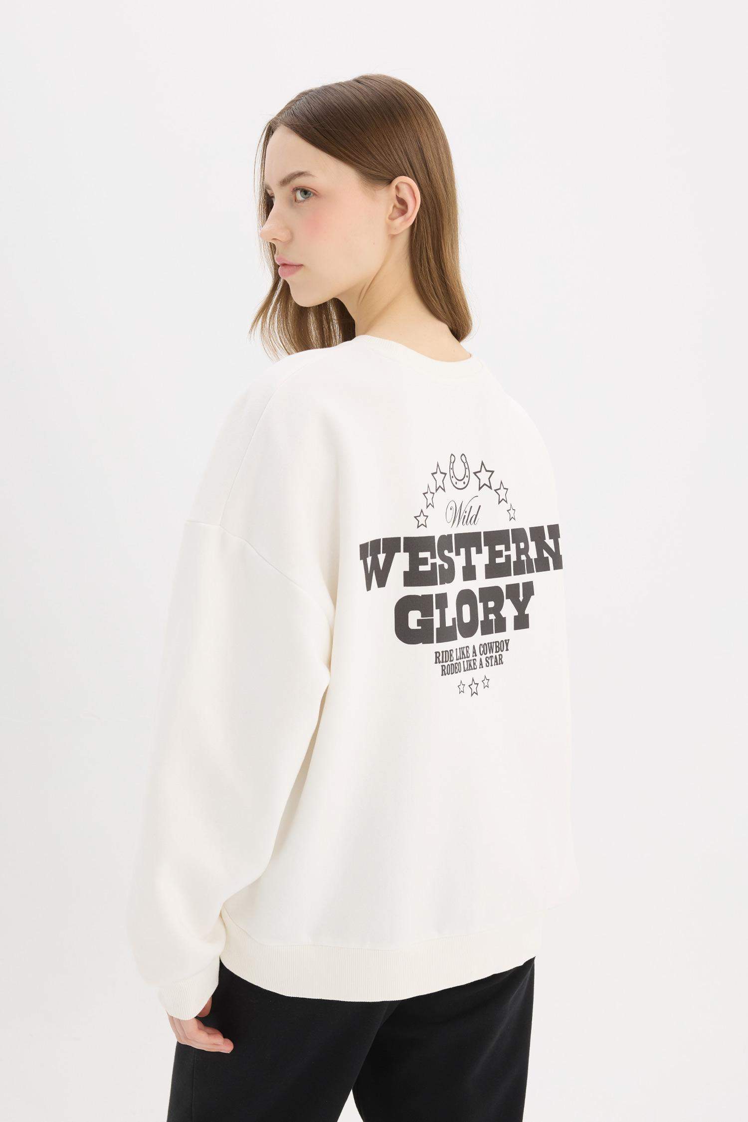 Oversize Geniş Kalıp Bisiklet Yaka Sırt Baskılı Kalın Sweatshirt