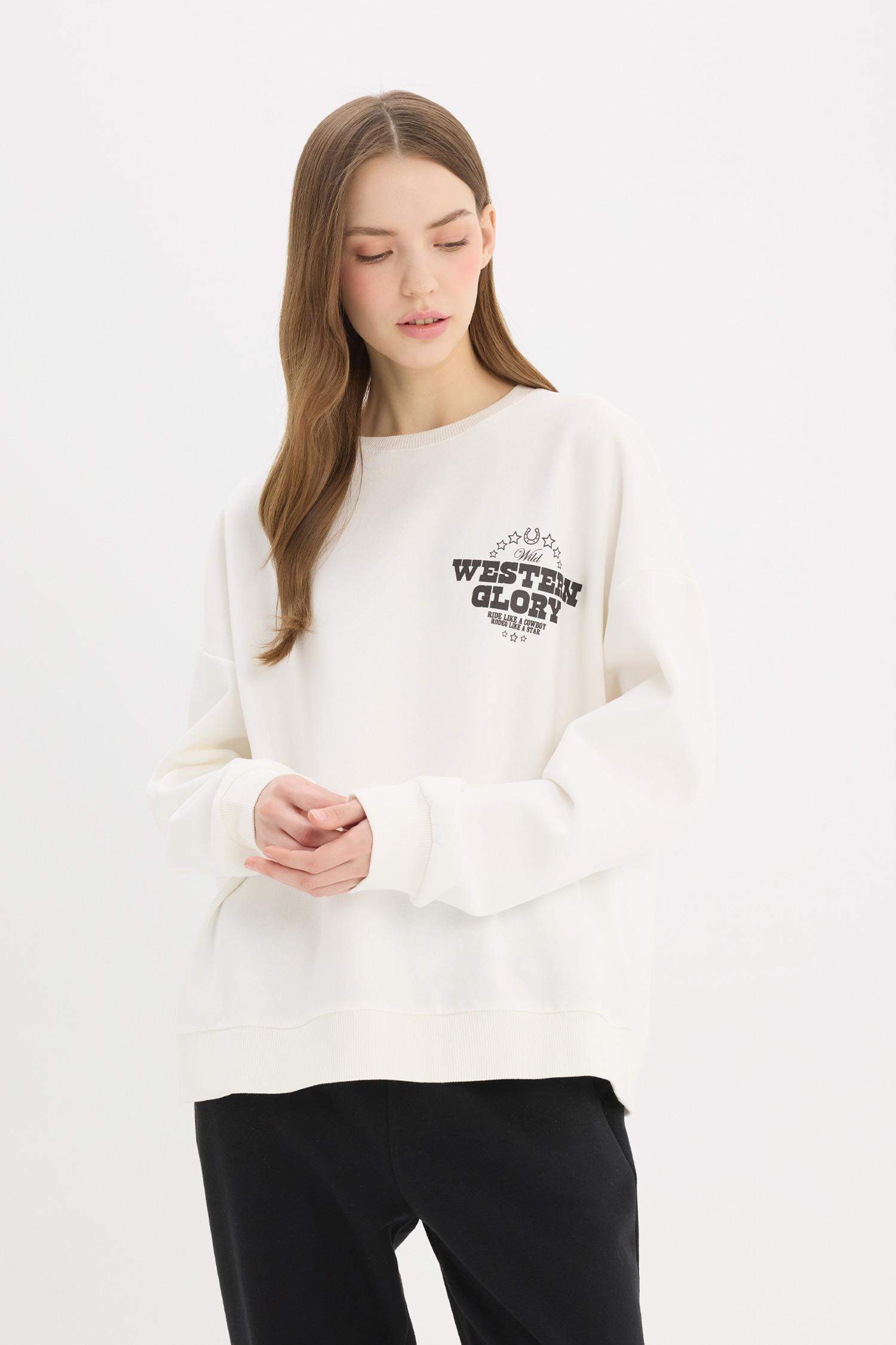 Oversize Geniş Kalıp Bisiklet Yaka Sırt Baskılı Kalın Sweatshirt
