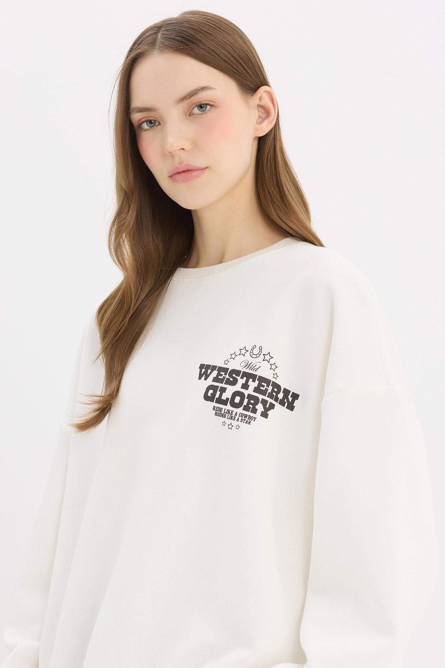 Oversize Geniş Kalıp Bisiklet Yaka Sırt Baskılı Kalın Sweatshirt