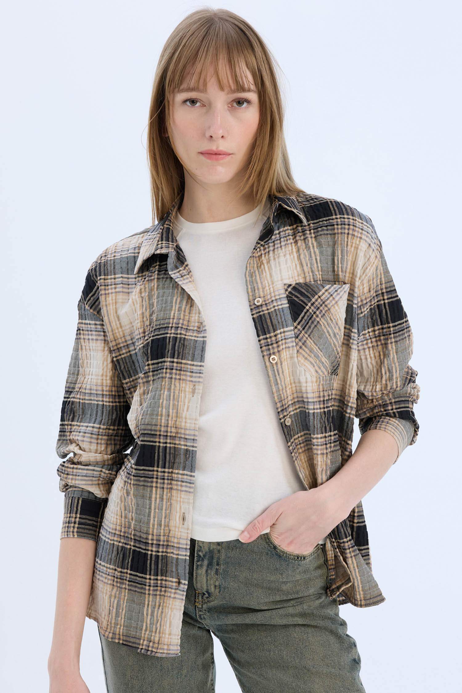 Oversize Fit Plaid Long Sleeve Shirt