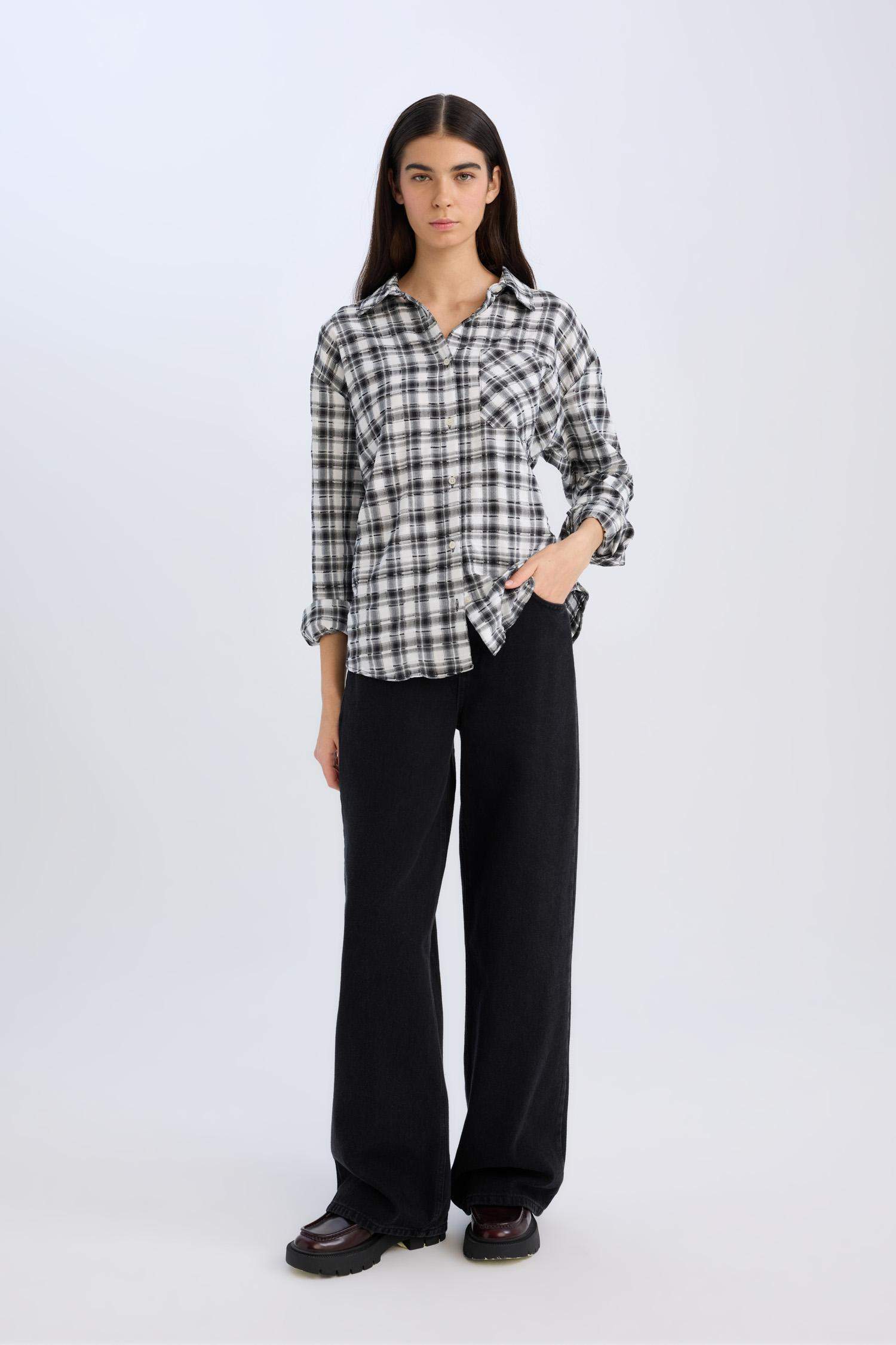 Oversize Geniş Kalıp Cepli Kareli Uzun Kollu Gömlek