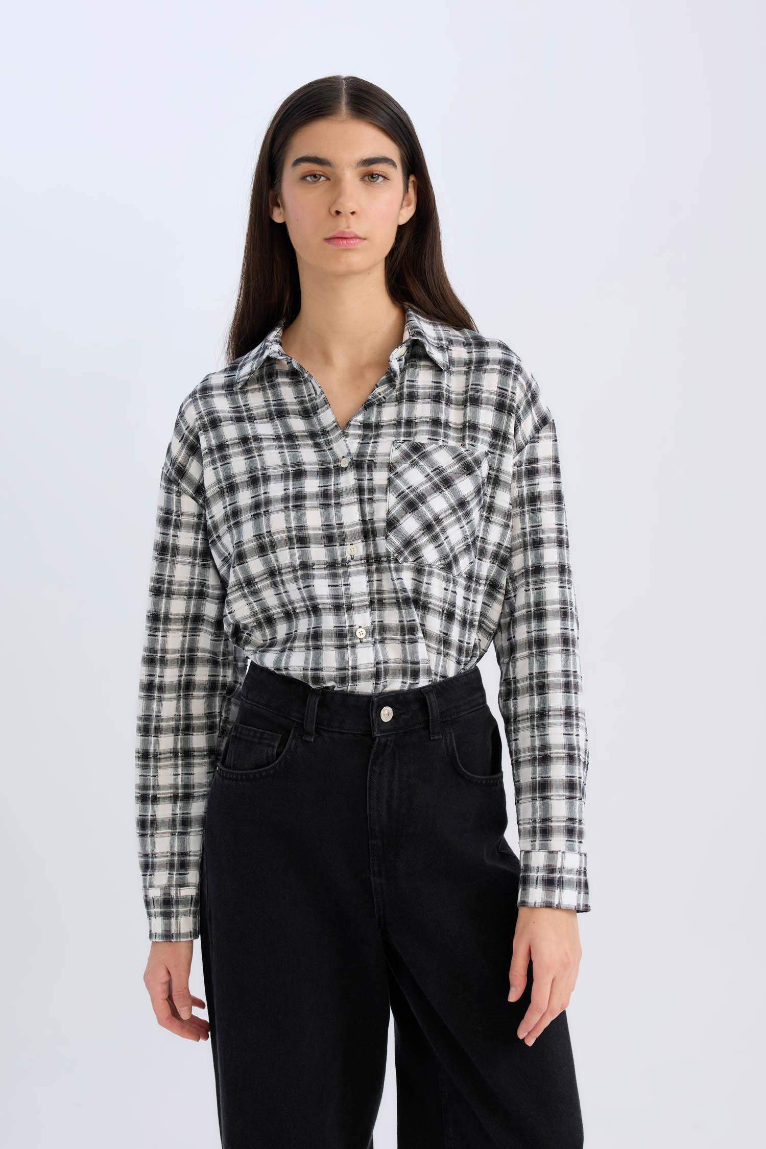 Oversize Geniş Kalıp Cepli Kareli Uzun Kollu Gömlek