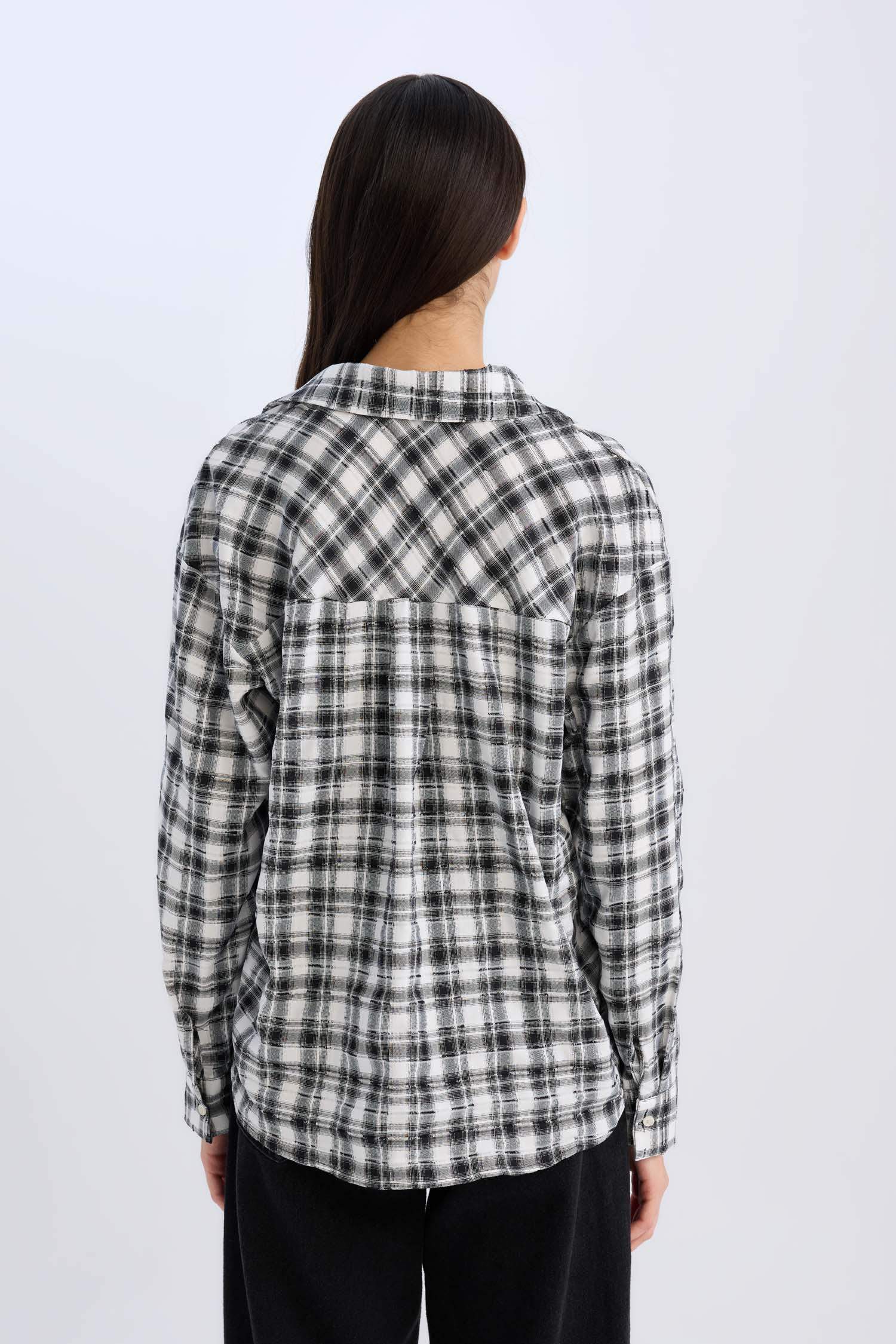 Oversize Geniş Kalıp Cepli Kareli Uzun Kollu Gömlek