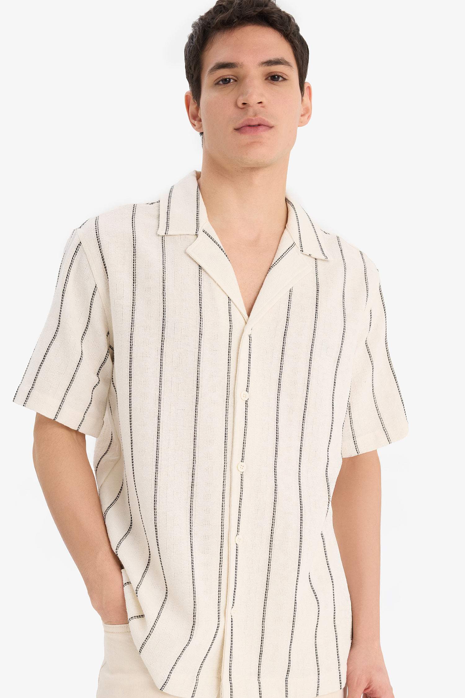 Regular Fit Apaş Yaka Yazlık Çizgili Kısa Kollu Gömlek