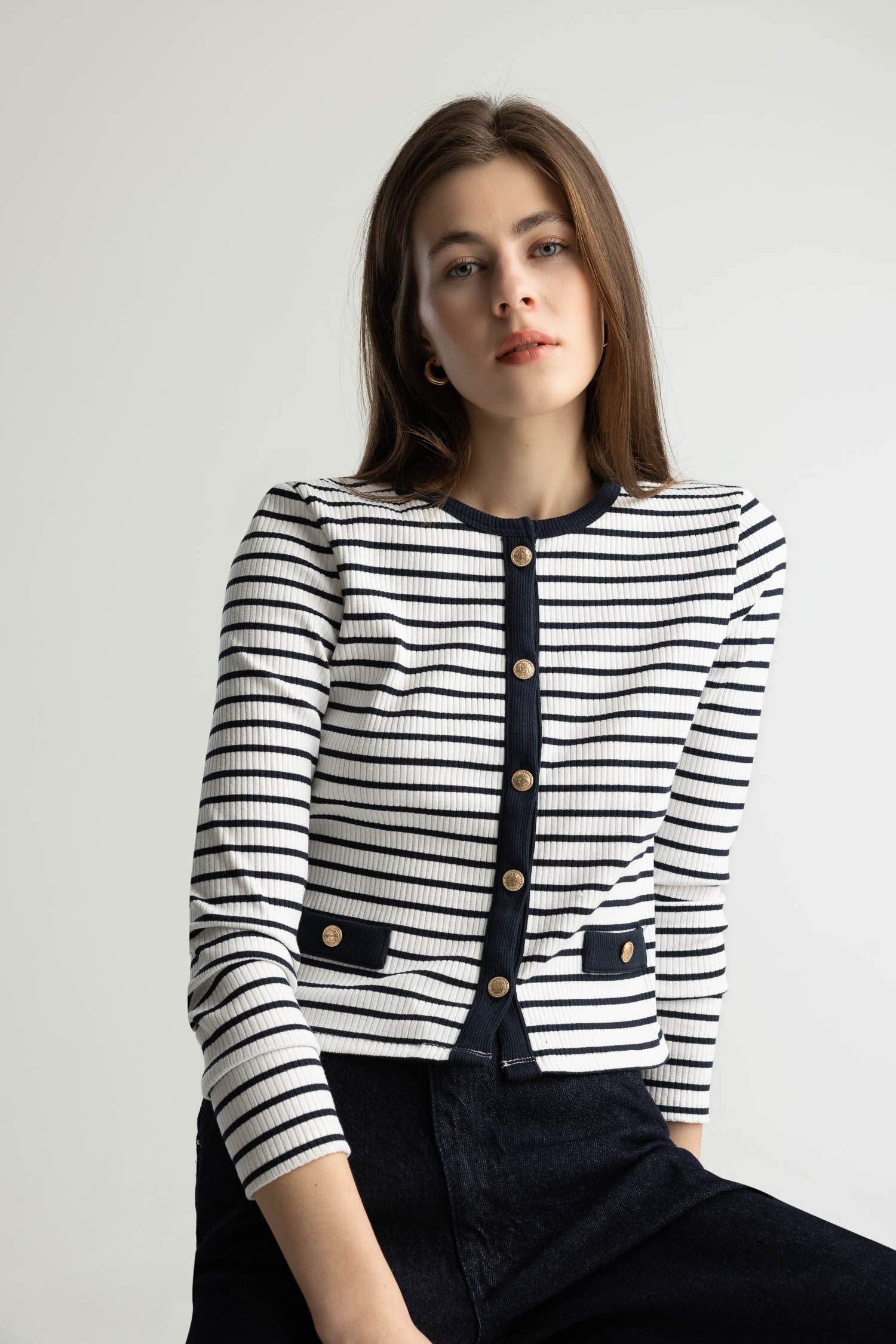 Slim Fit Dar Kesim Bisiklet Yaka Çizgili Uzun Kollu Hırka