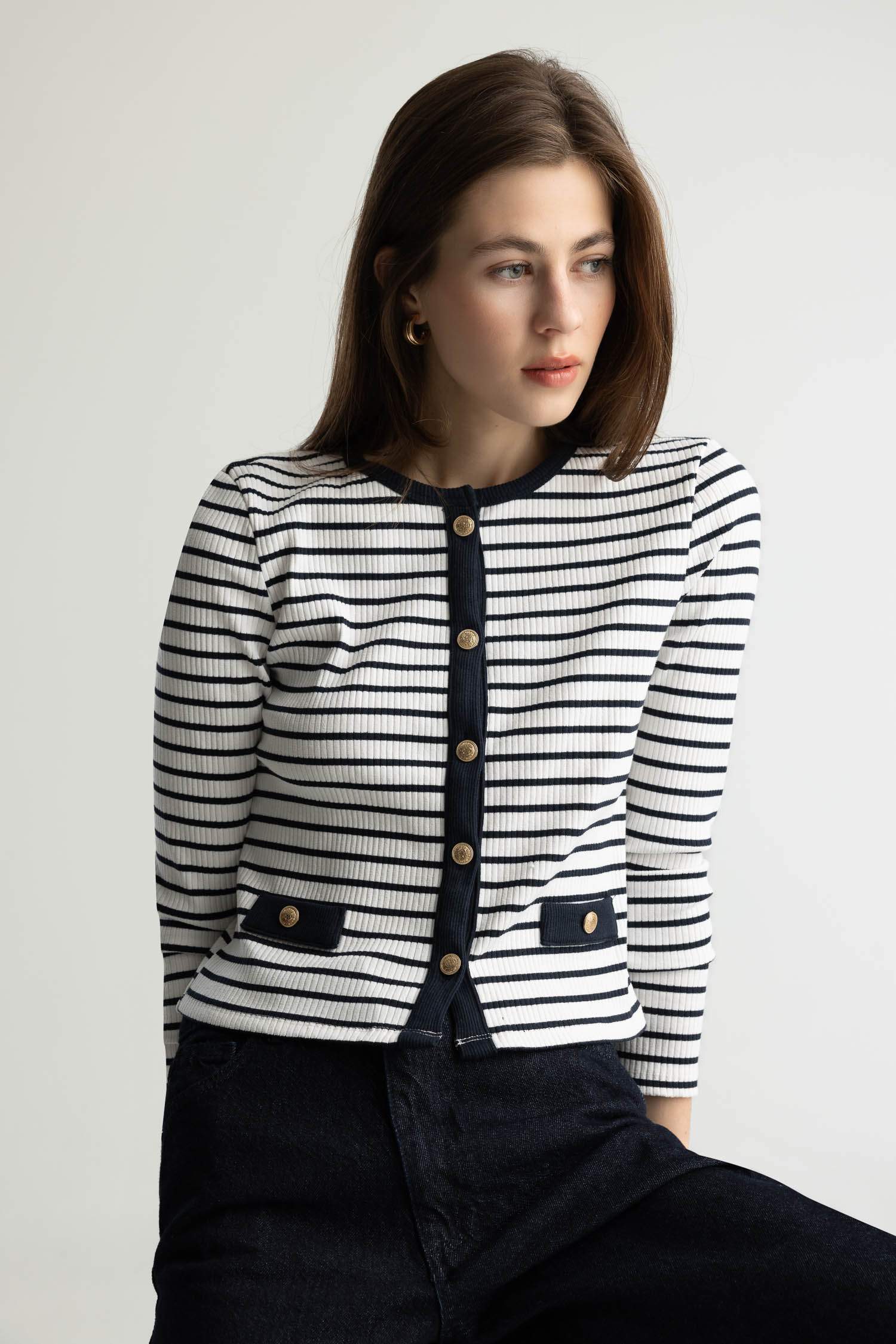 Slim Fit Dar Kesim Bisiklet Yaka Çizgili Uzun Kollu Hırka