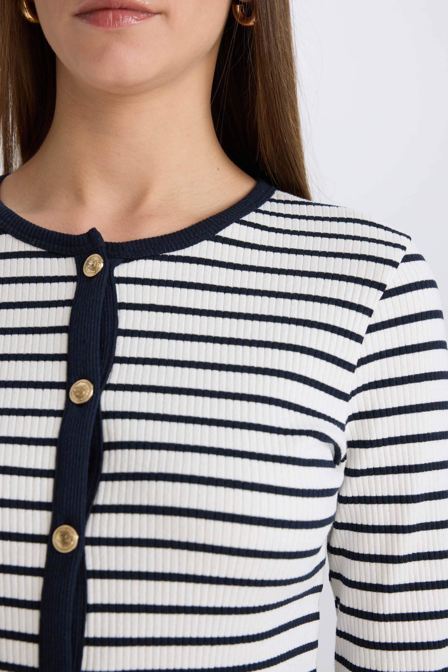 Slim Fit Dar Kesim Bisiklet Yaka Çizgili Uzun Kollu Hırka