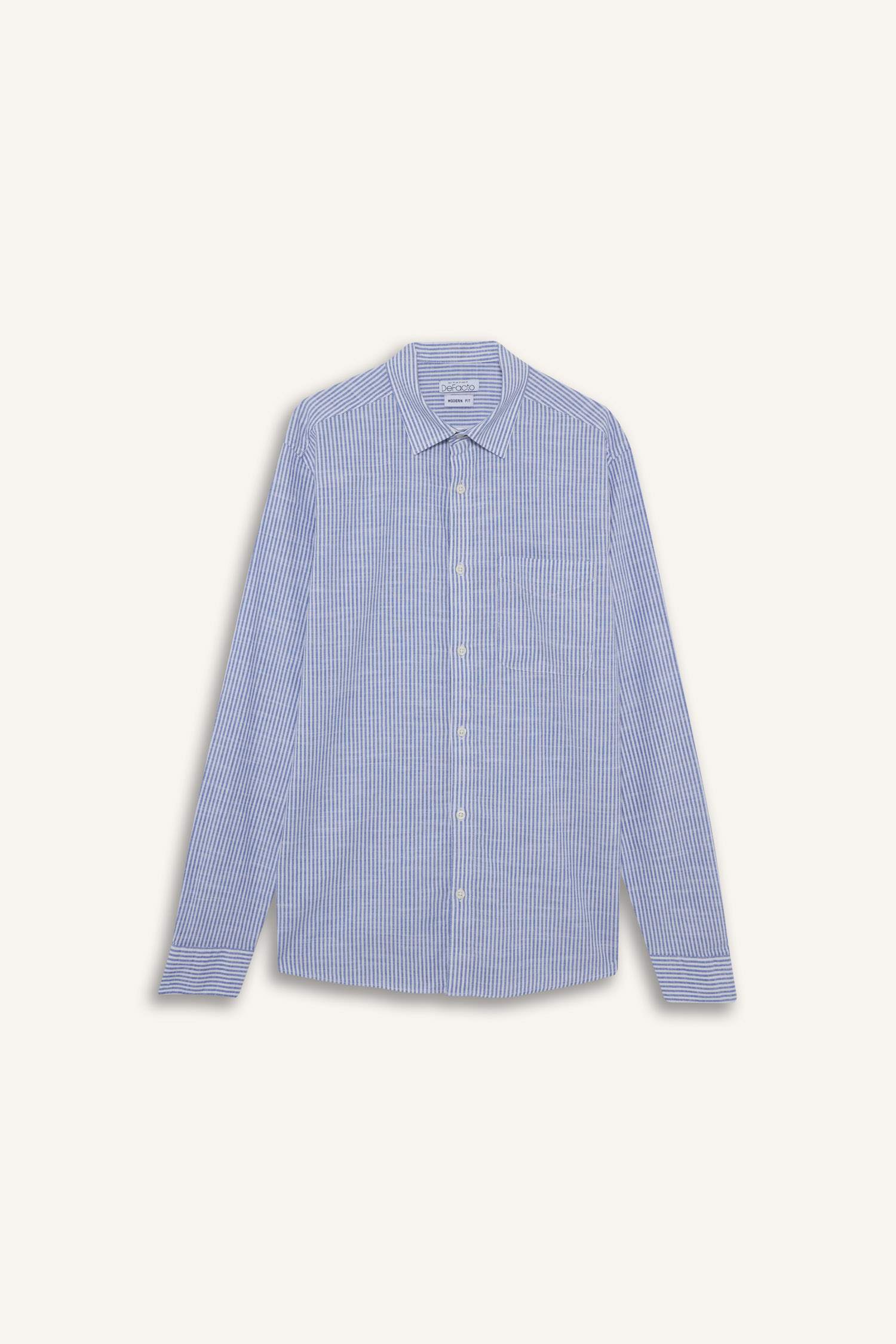 %100 Pamuk Modern Fit Polo Yaka Çizgili Uzun Kollu Gömlek