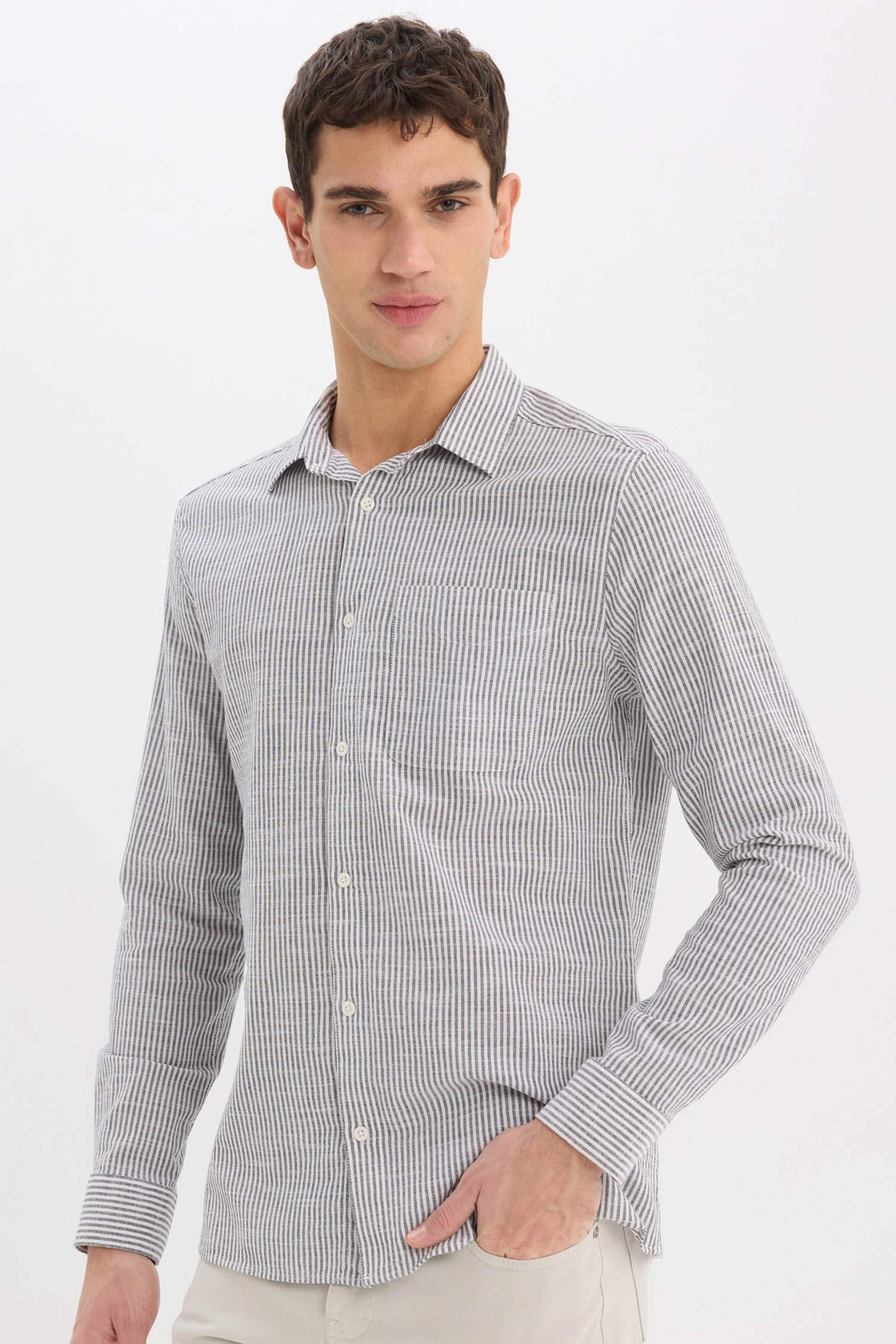 %100 Pamuk Modern Fit Polo Yaka Çizgili Uzun Kollu Gömlek