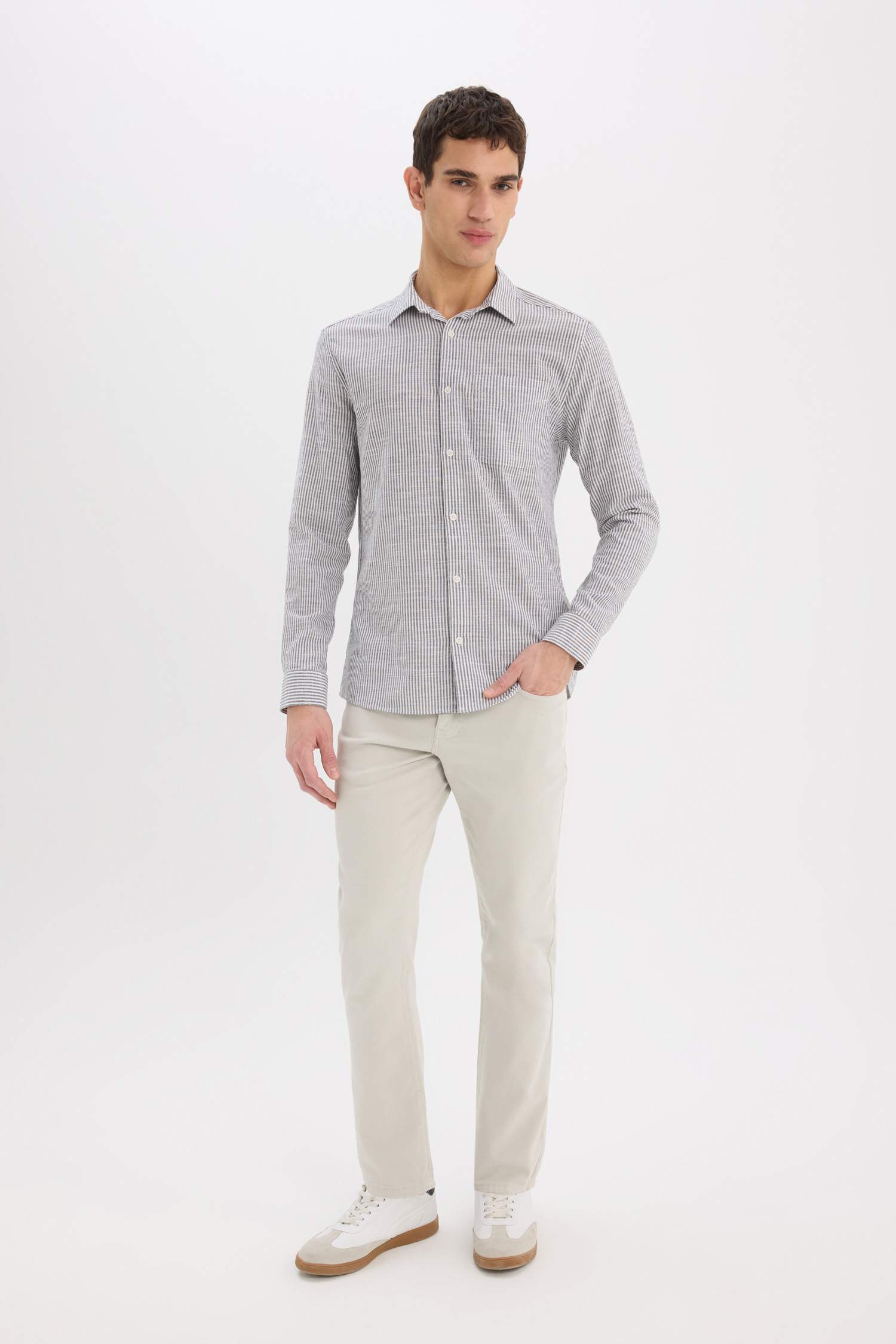 %100 Pamuk Modern Fit Polo Yaka Çizgili Uzun Kollu Gömlek