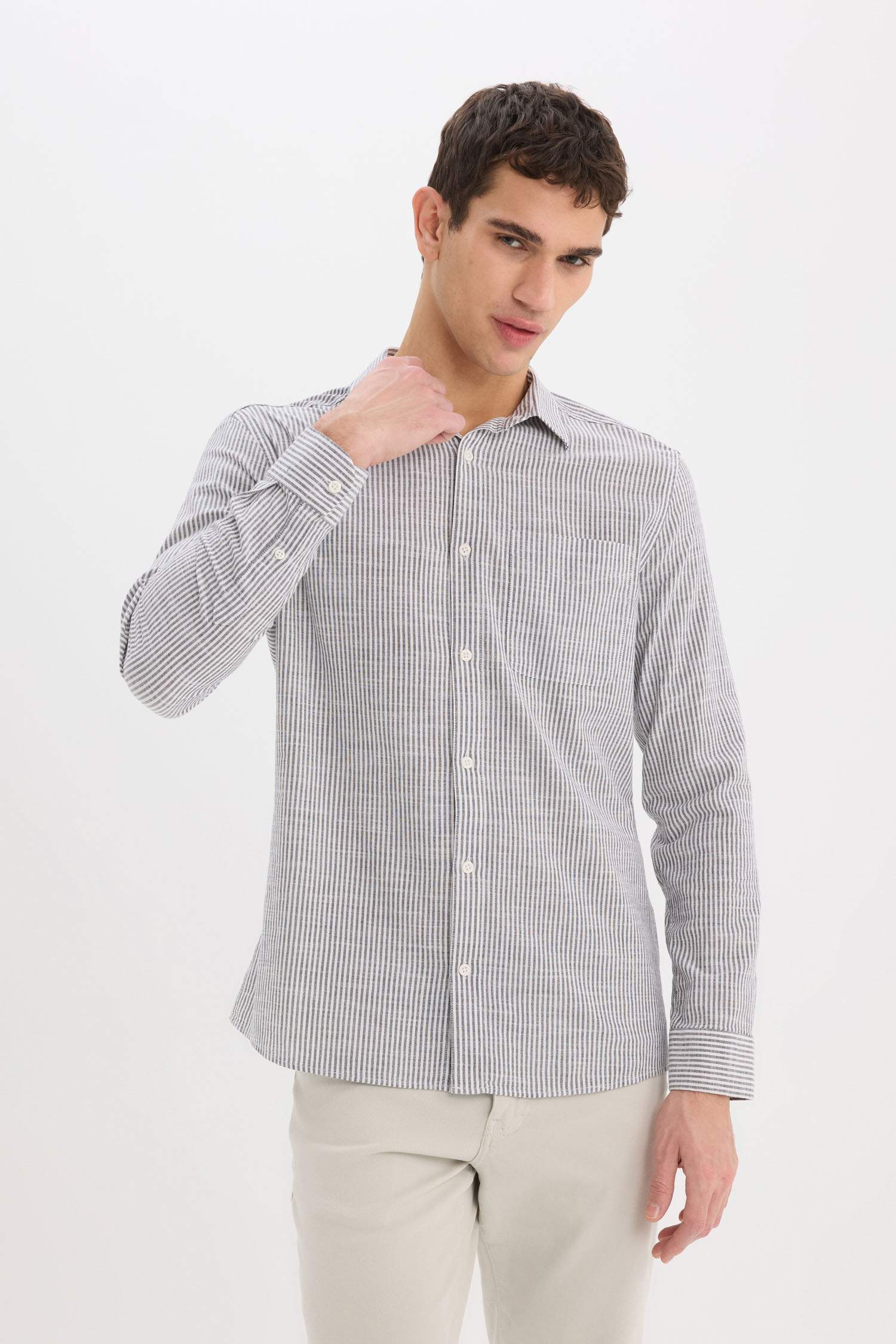 %100 Pamuk Modern Fit Polo Yaka Çizgili Uzun Kollu Gömlek