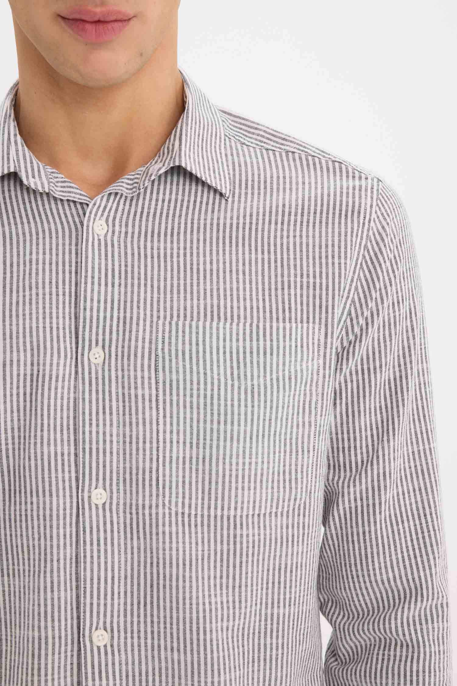 %100 Pamuk Modern Fit Polo Yaka Çizgili Uzun Kollu Gömlek