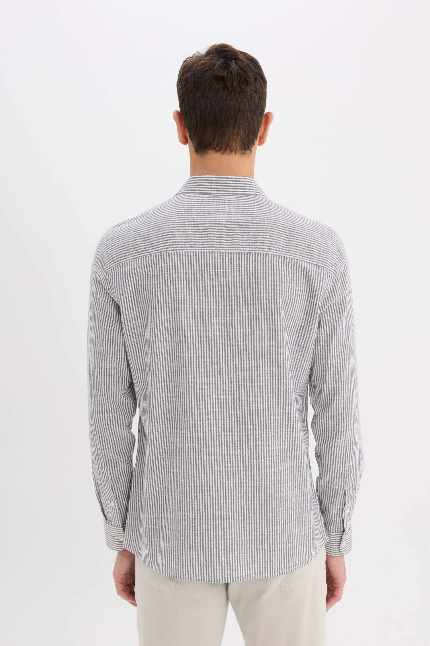 %100 Pamuk Modern Fit Polo Yaka Çizgili Uzun Kollu Gömlek