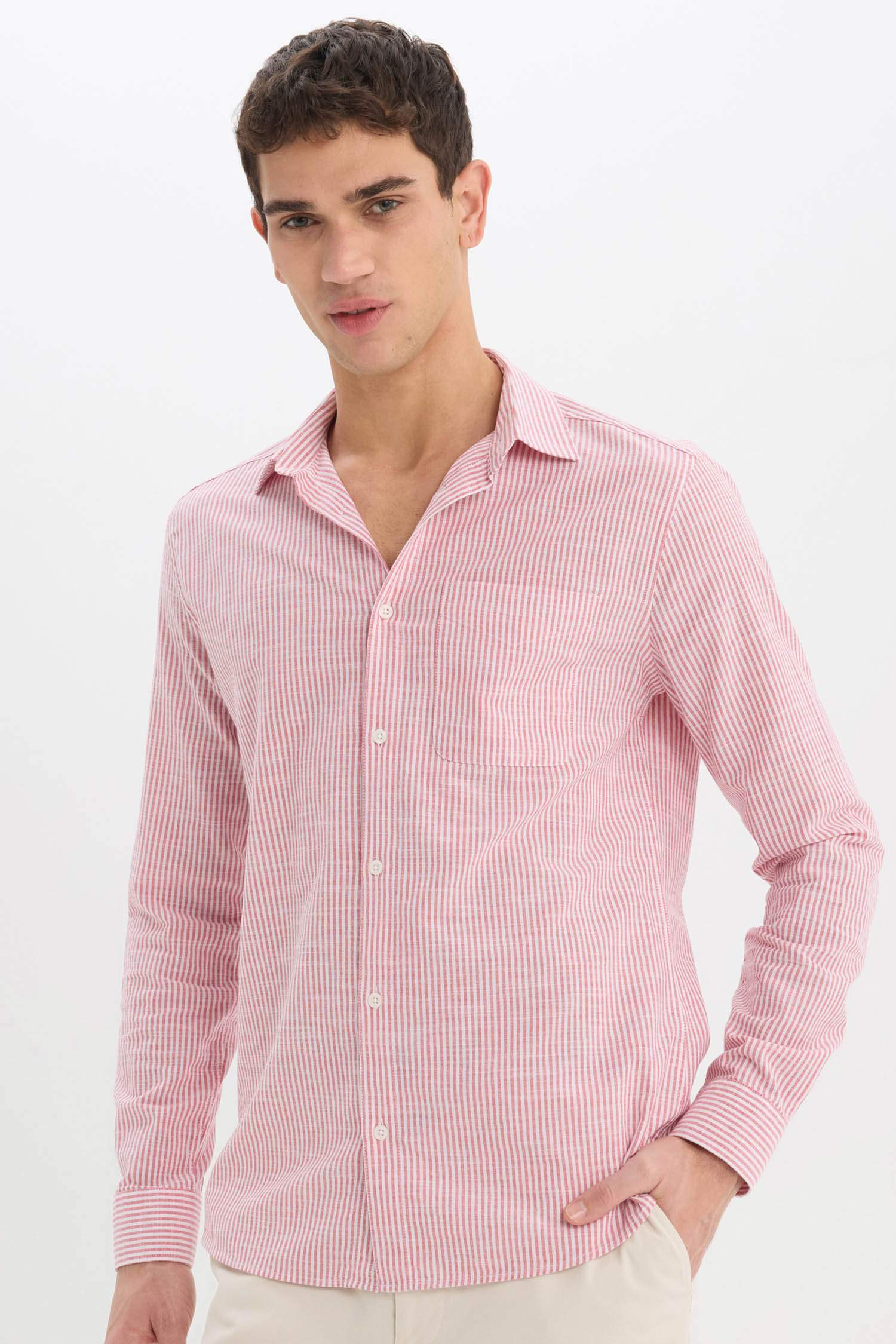 Modern Fit Polo Collar Striped Long Sleeve Shirt