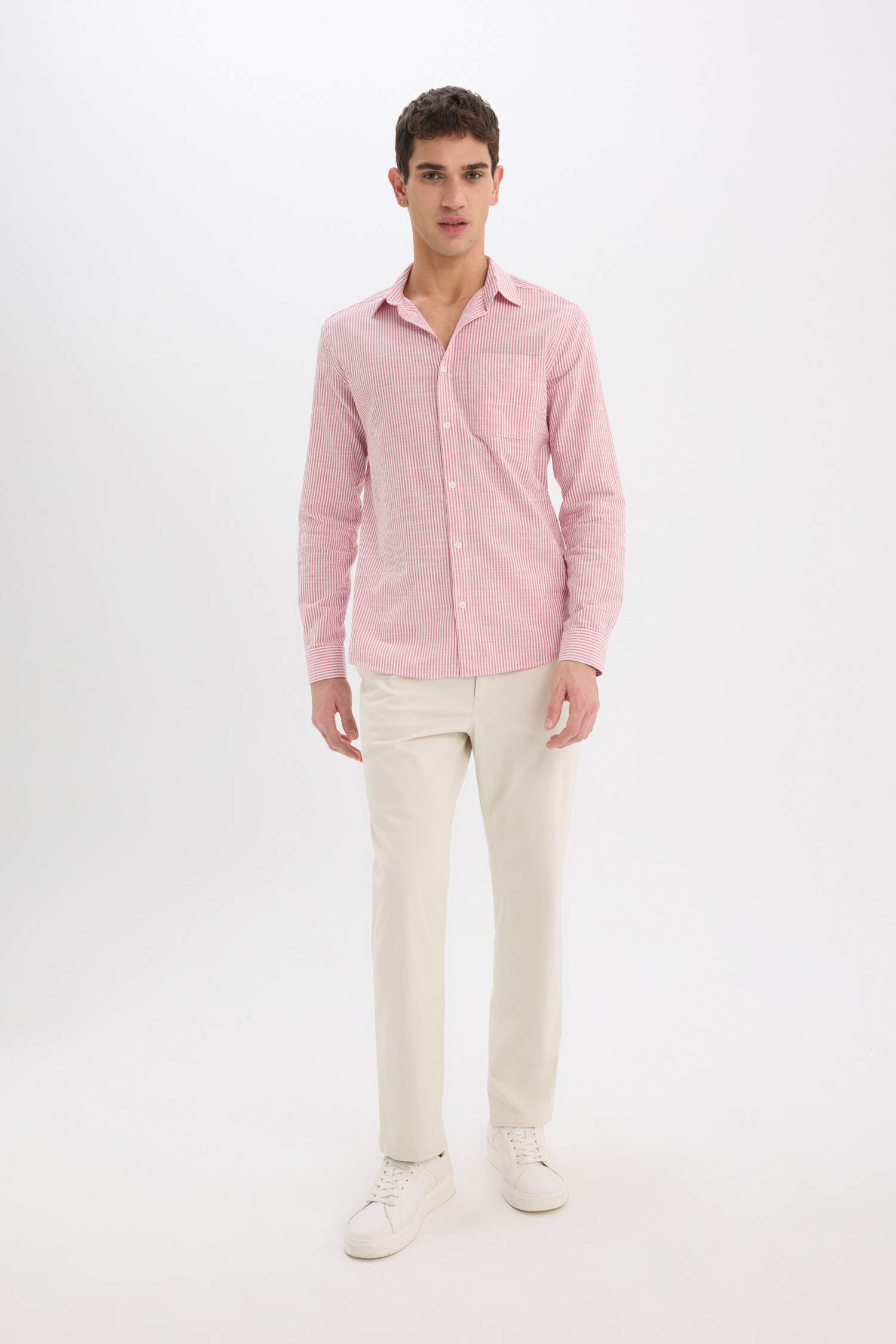 Modern Fit Polo Collar Striped Long Sleeve Shirt