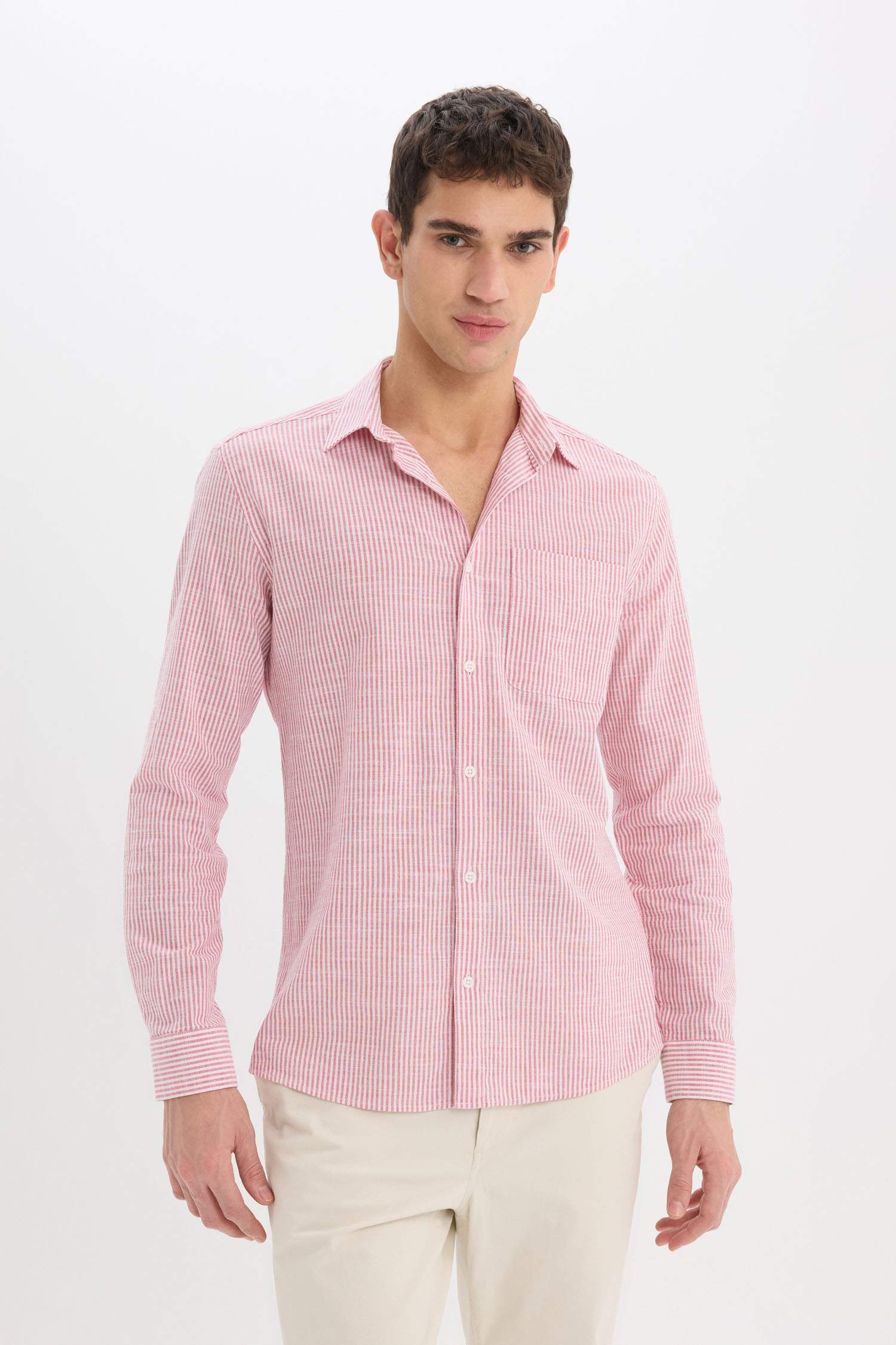 Modern Fit Polo Collar Striped Long Sleeve Shirt