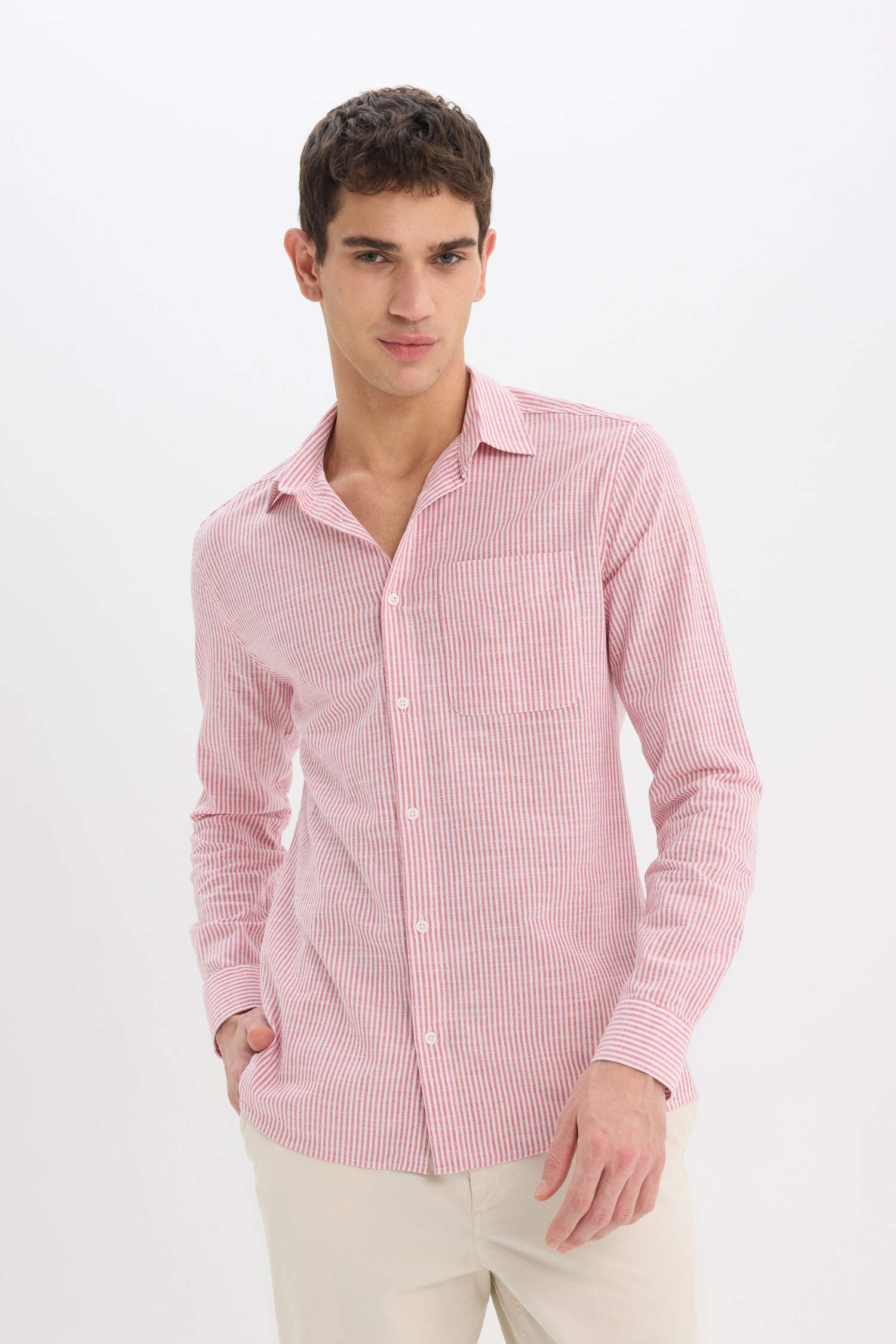 Modern Fit Polo Collar Striped Long Sleeve Shirt