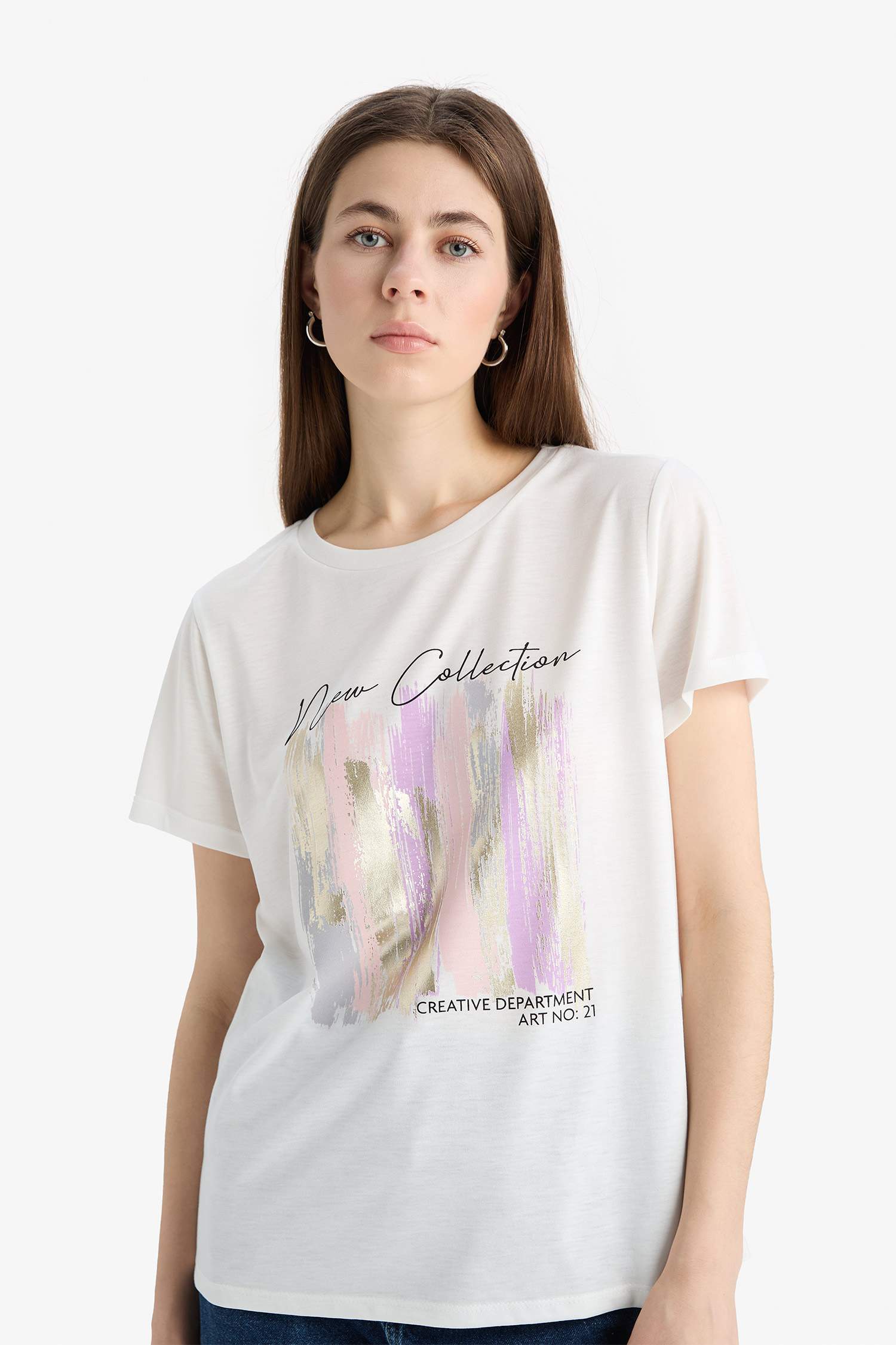 Regular Fit Bisiklet Yaka Baskılı Kısa Kollu Tişört