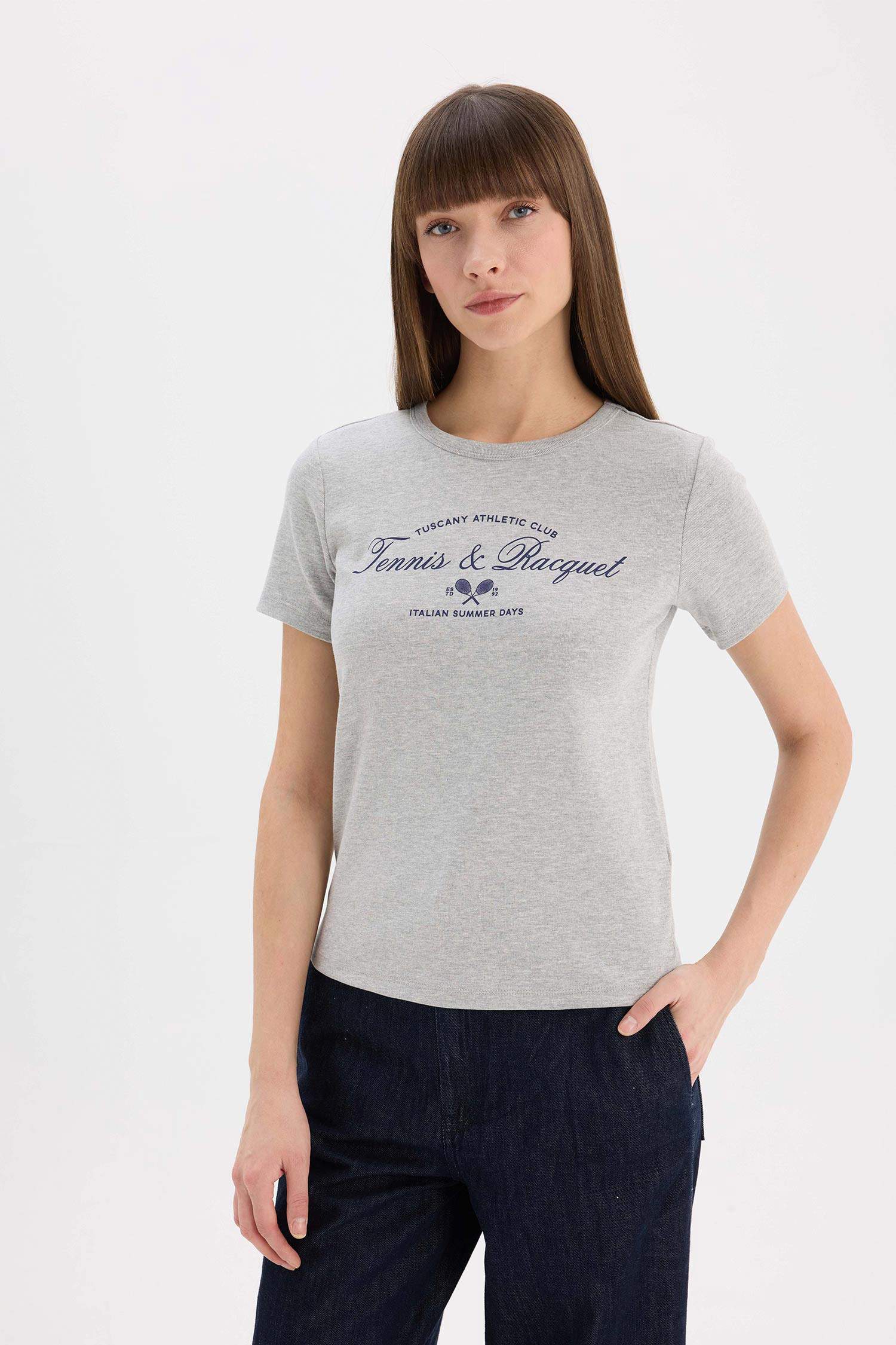 Regular Fit Bisiklet Yaka Baskılı Ribana Kısa Kollu Tişört