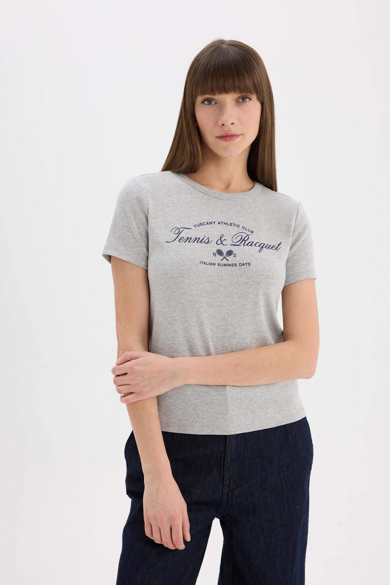 Regular Fit Bisiklet Yaka Baskılı Ribana Kısa Kollu Tişört