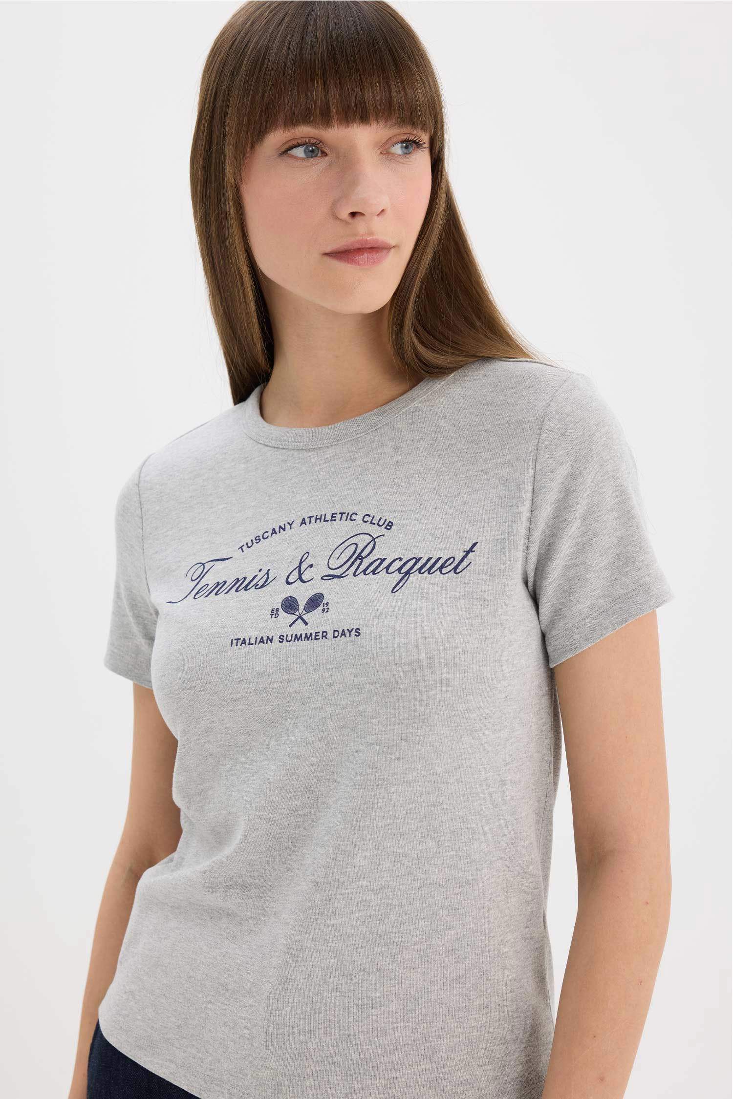 Regular Fit Bisiklet Yaka Baskılı Ribana Kısa Kollu Tişört