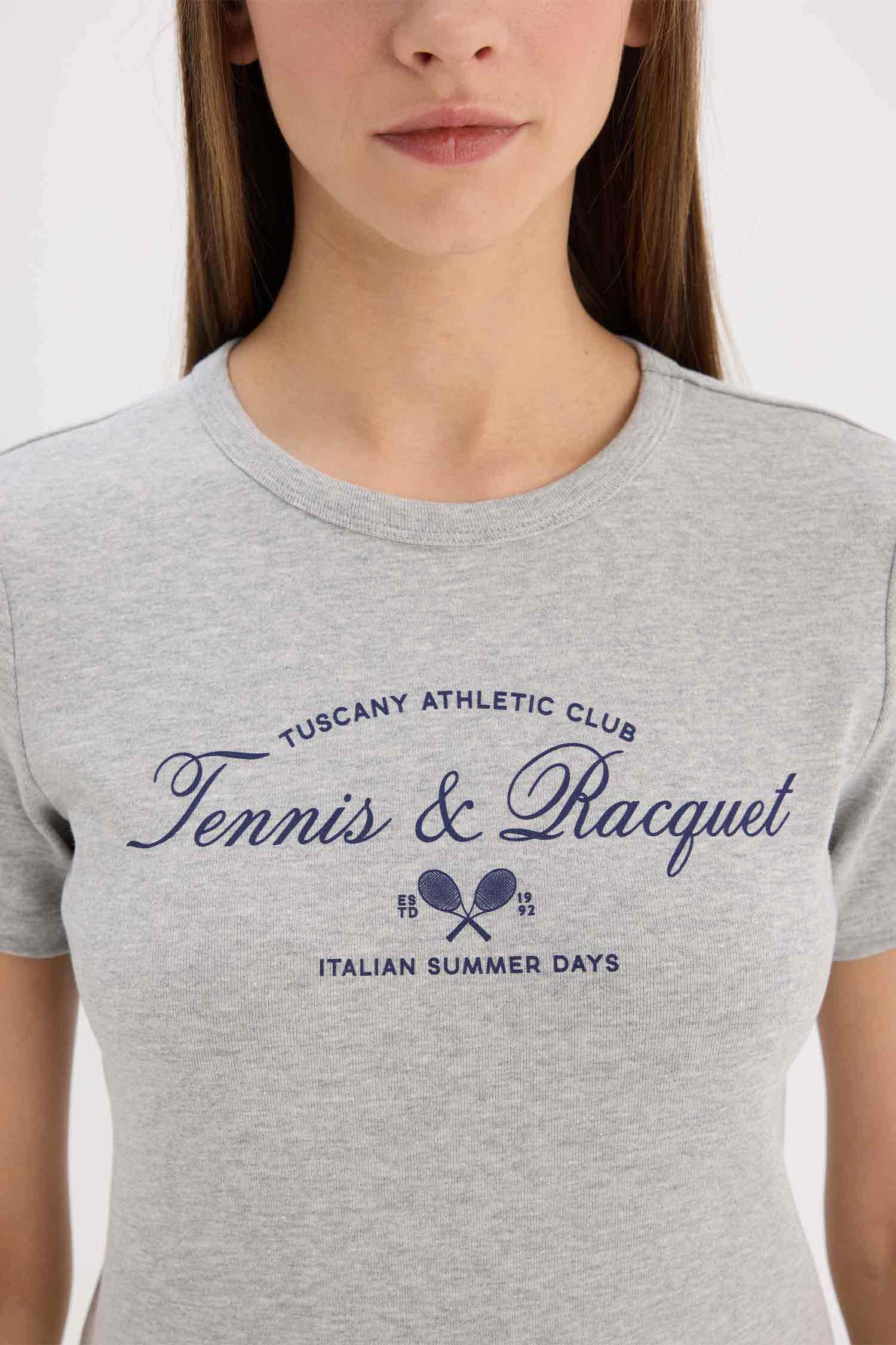 Regular Fit Bisiklet Yaka Baskılı Ribana Kısa Kollu Tişört