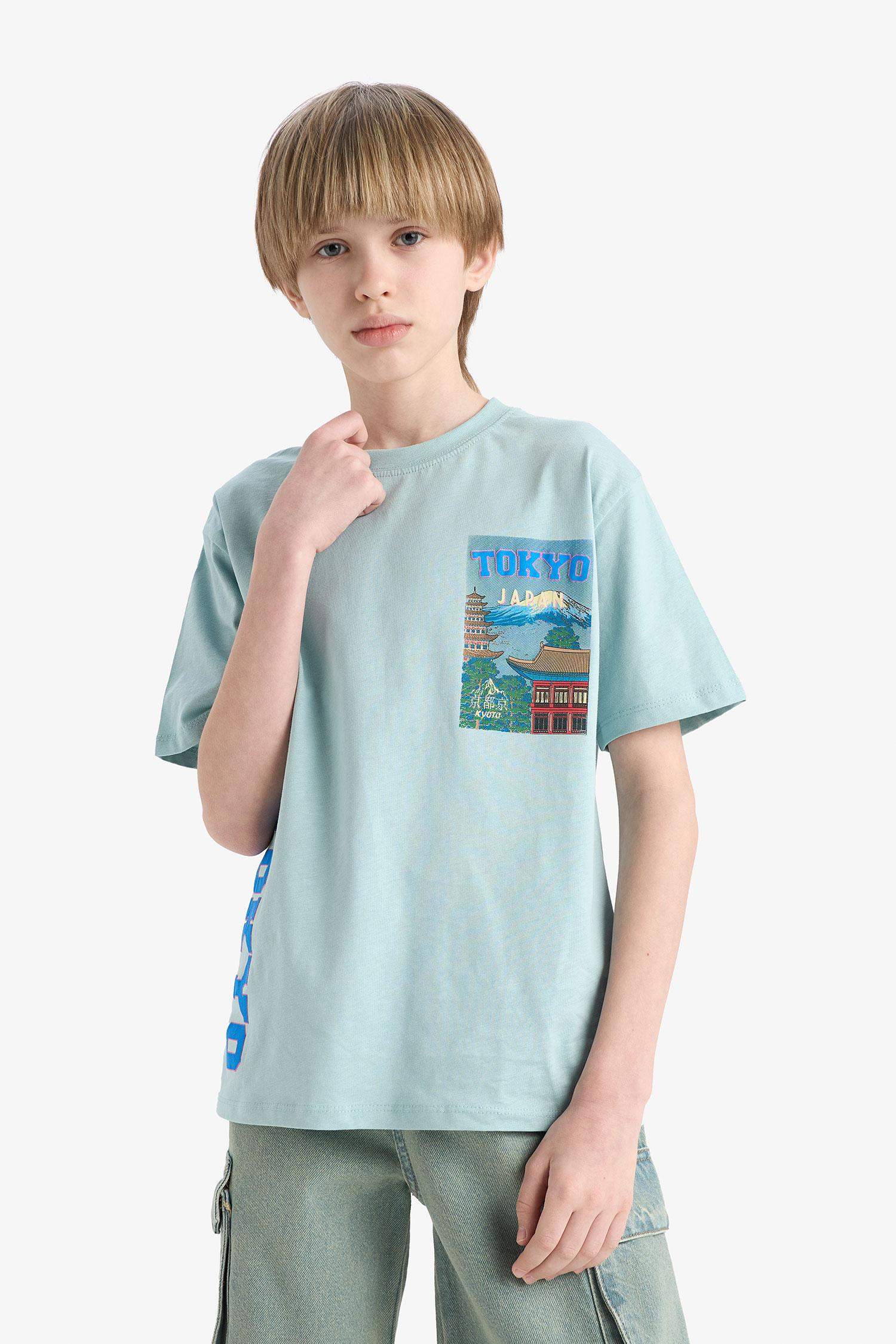 Ұлдарға дөңгелек жаға басып шығарылған қысқа жеңді Қысқа жеңді футболка