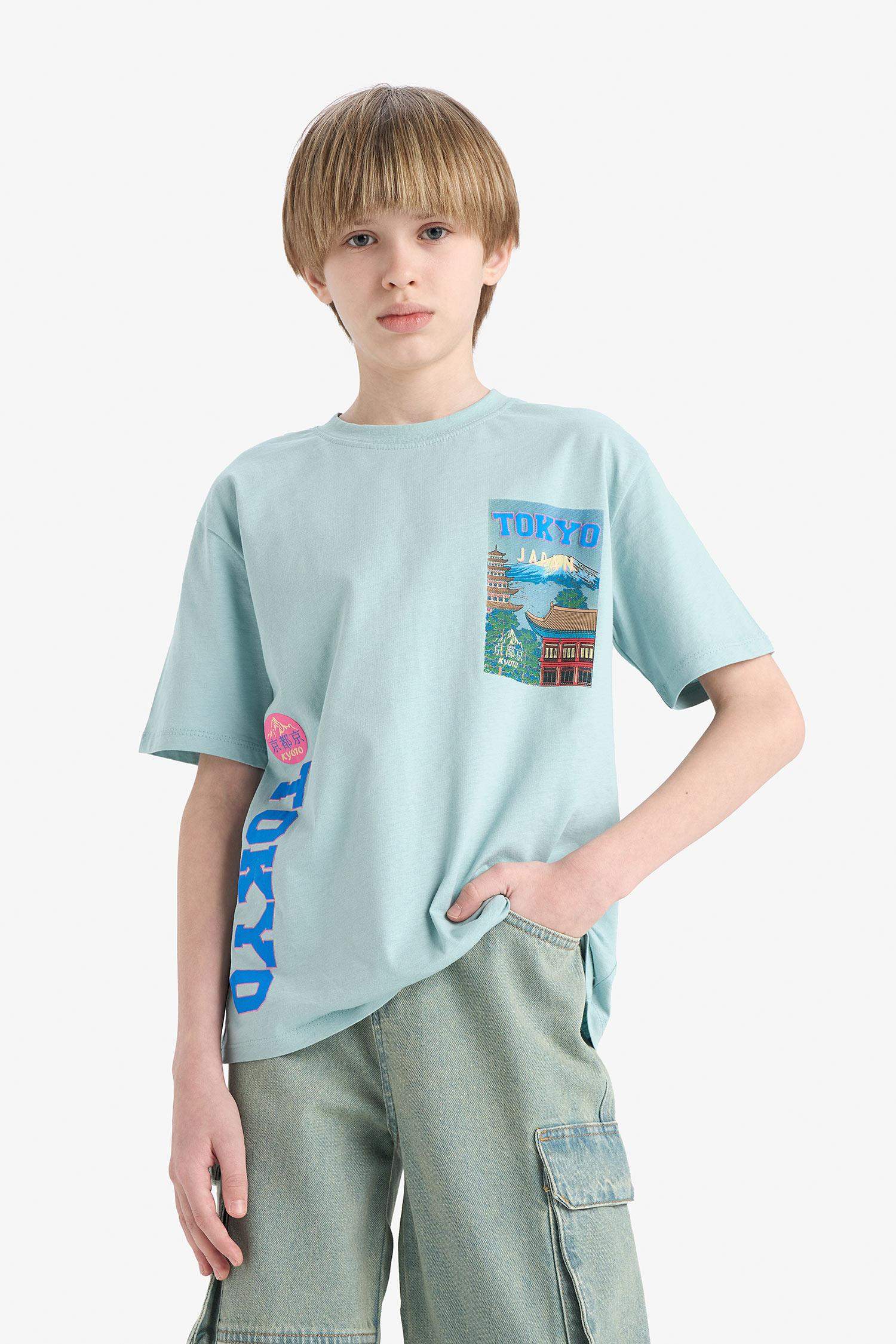 Ұлдарға дөңгелек жаға басып шығарылған қысқа жеңді Қысқа жеңді футболка