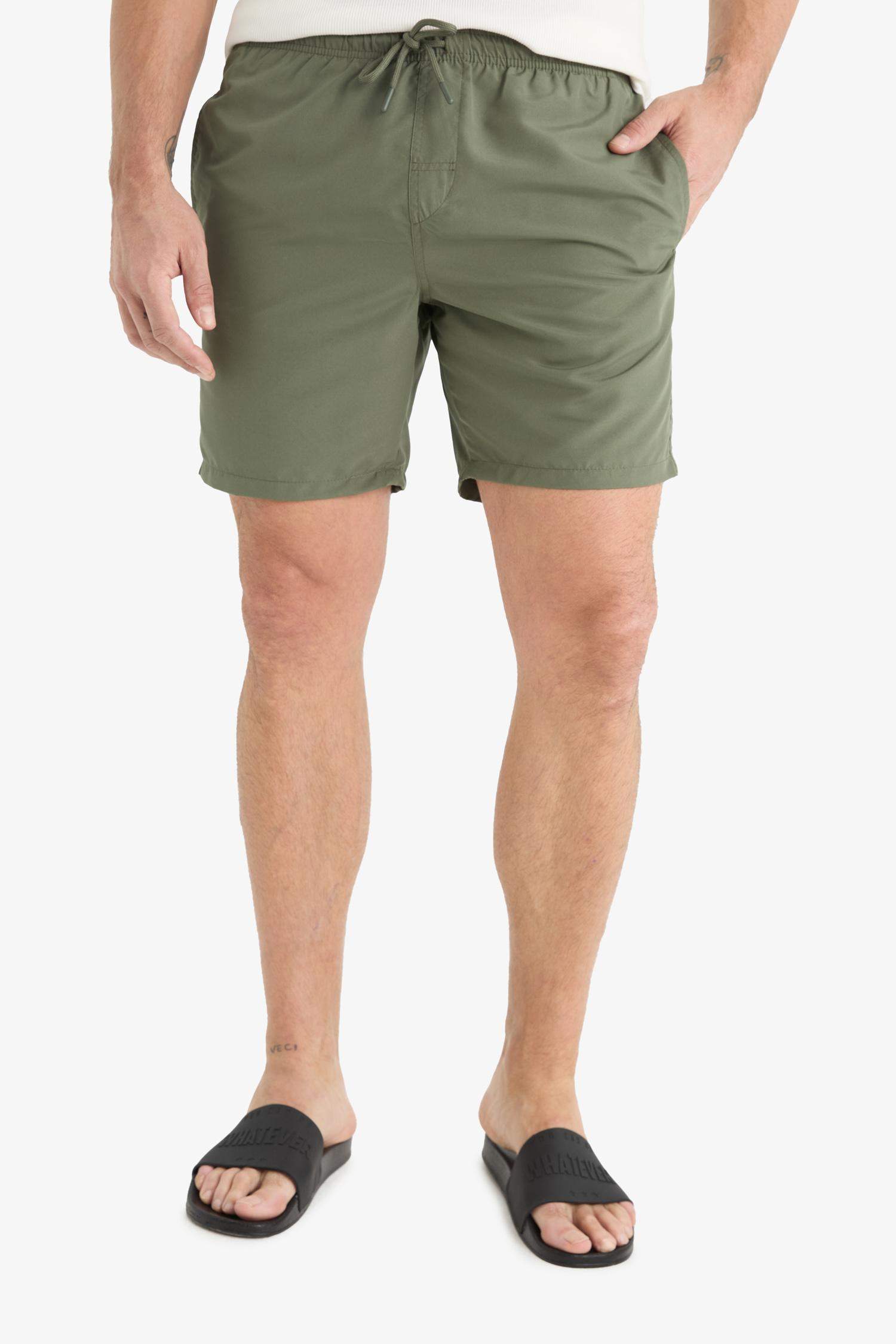 Regular Fit Kısa Boy Cepli File Astarlı Beli Bağcıklı Düz Hafif Kumaş Deniz Şortu